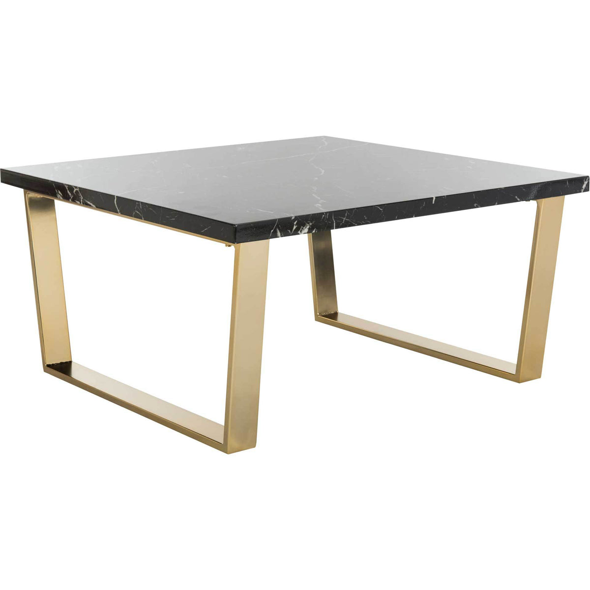A veined black marble-look top contrasts with open brass-finished metal legs. || COF6201A || front_angle_studio