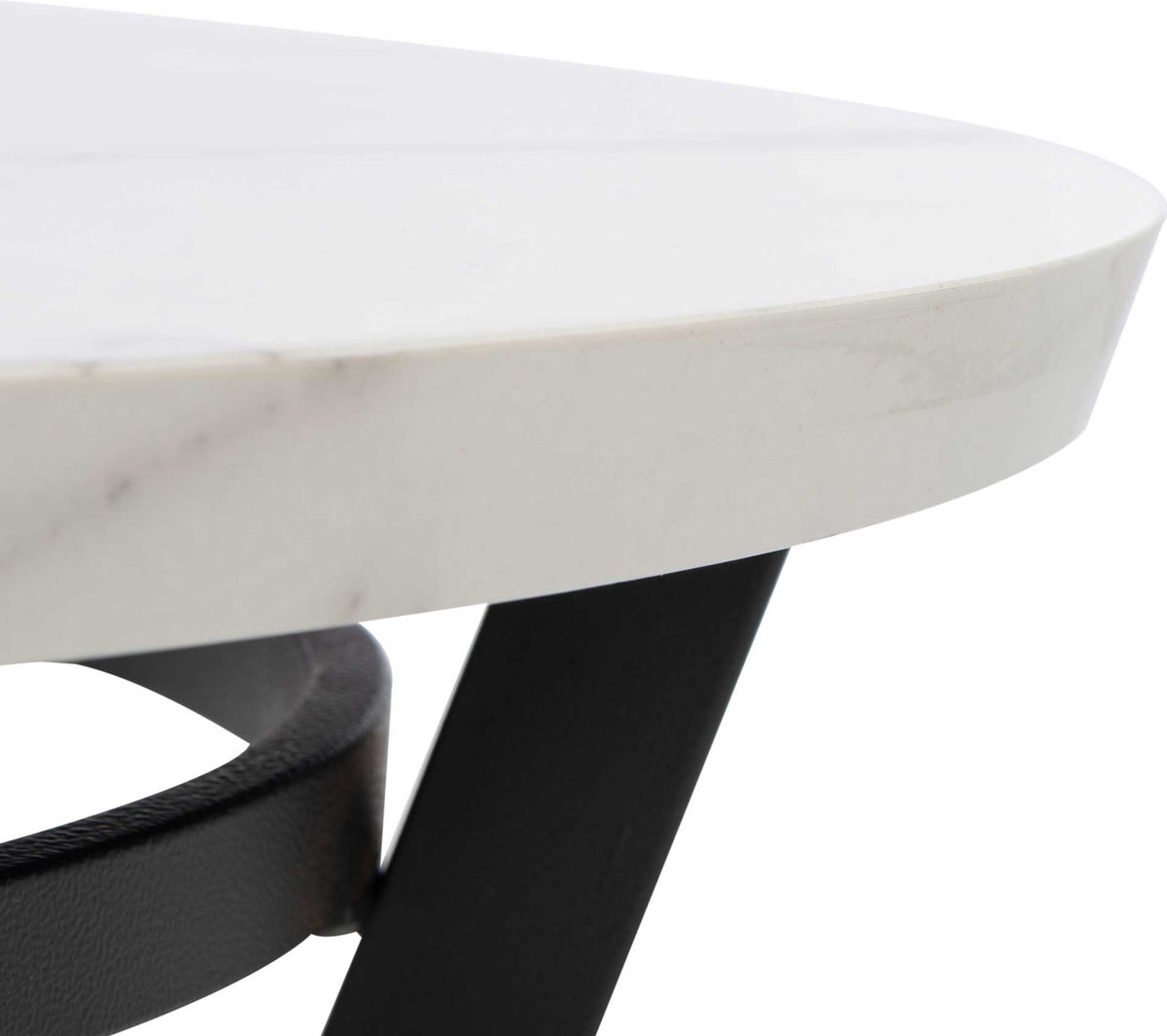 A thick marble-look edge reveals delicate gray veining above the black metal supports.