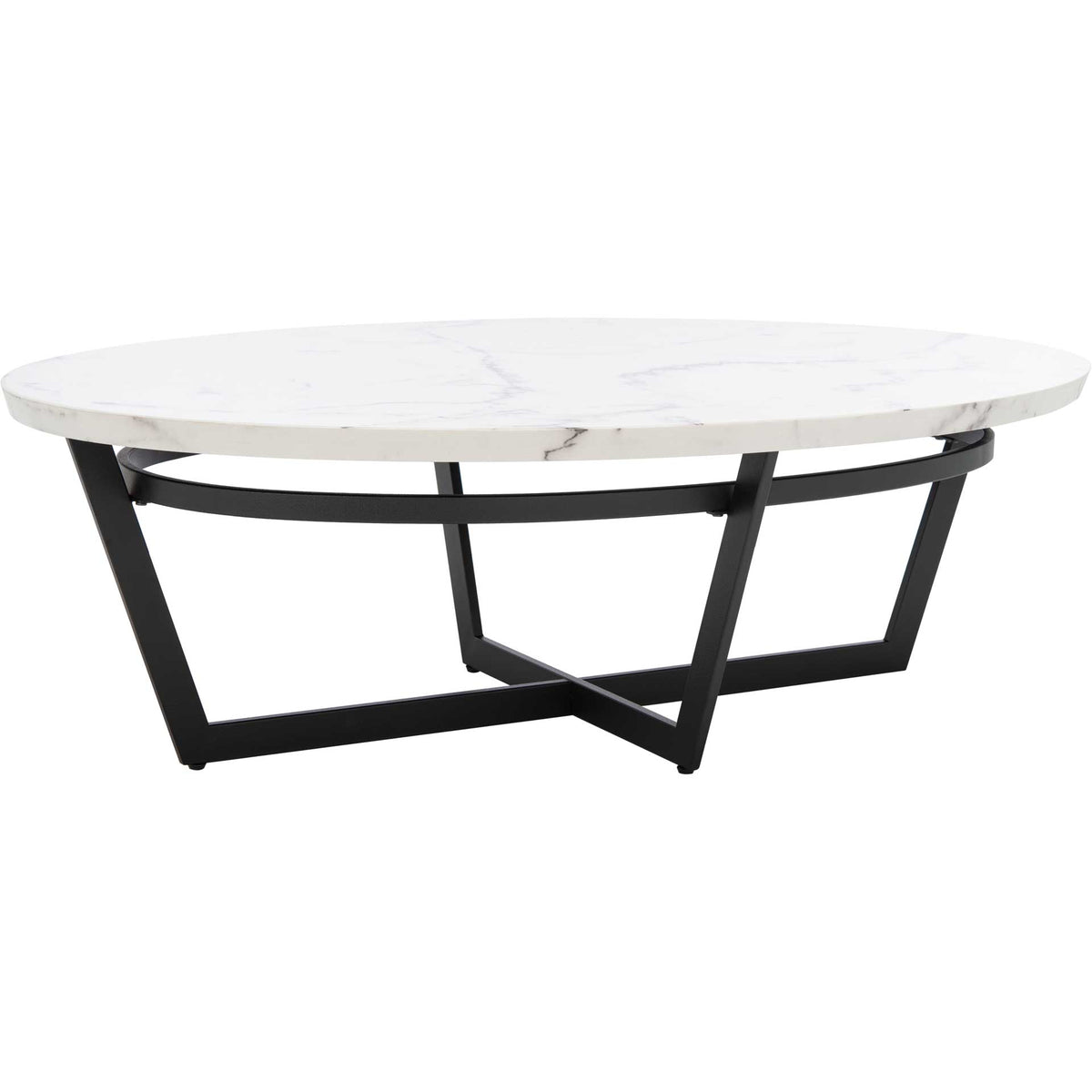 An oval white marble-look top pairs with an intersecting black metal base. || COF6206A || front_angle_studio