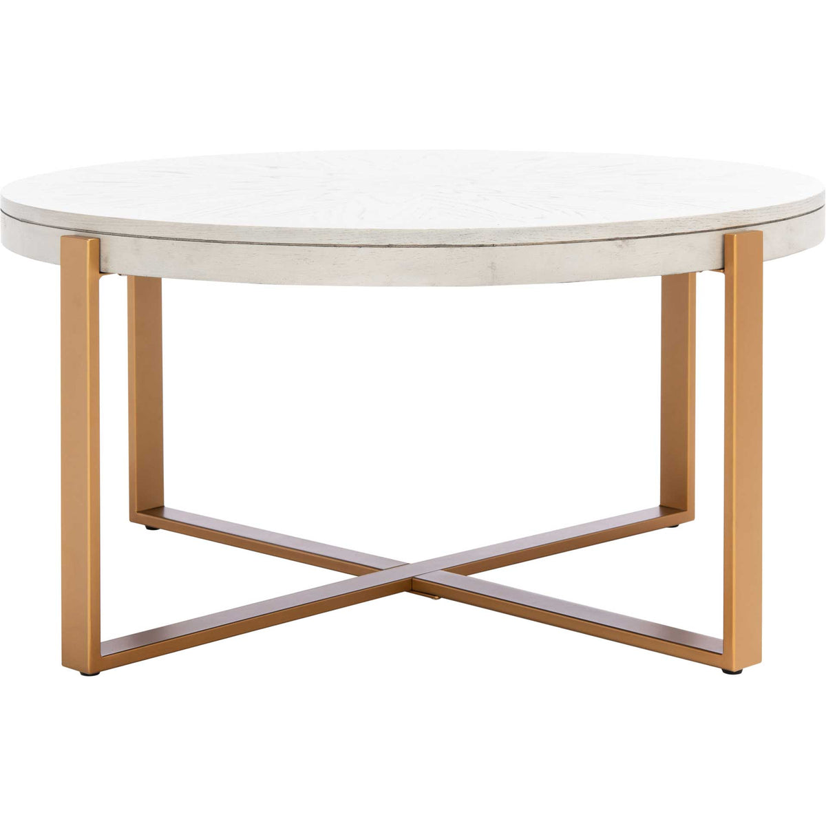 A round whitewashed tabletop pairs with a striking X-shaped gold metal base || COF6207A || front_studio