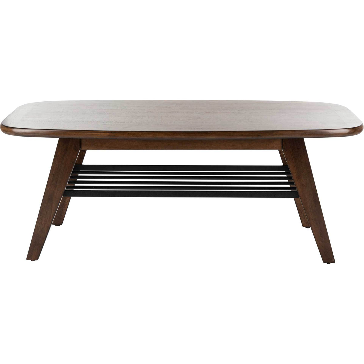 A long walnut-finish tabletop sits above a slatted black metal shelf for open storage. || COF6400A || front_studio