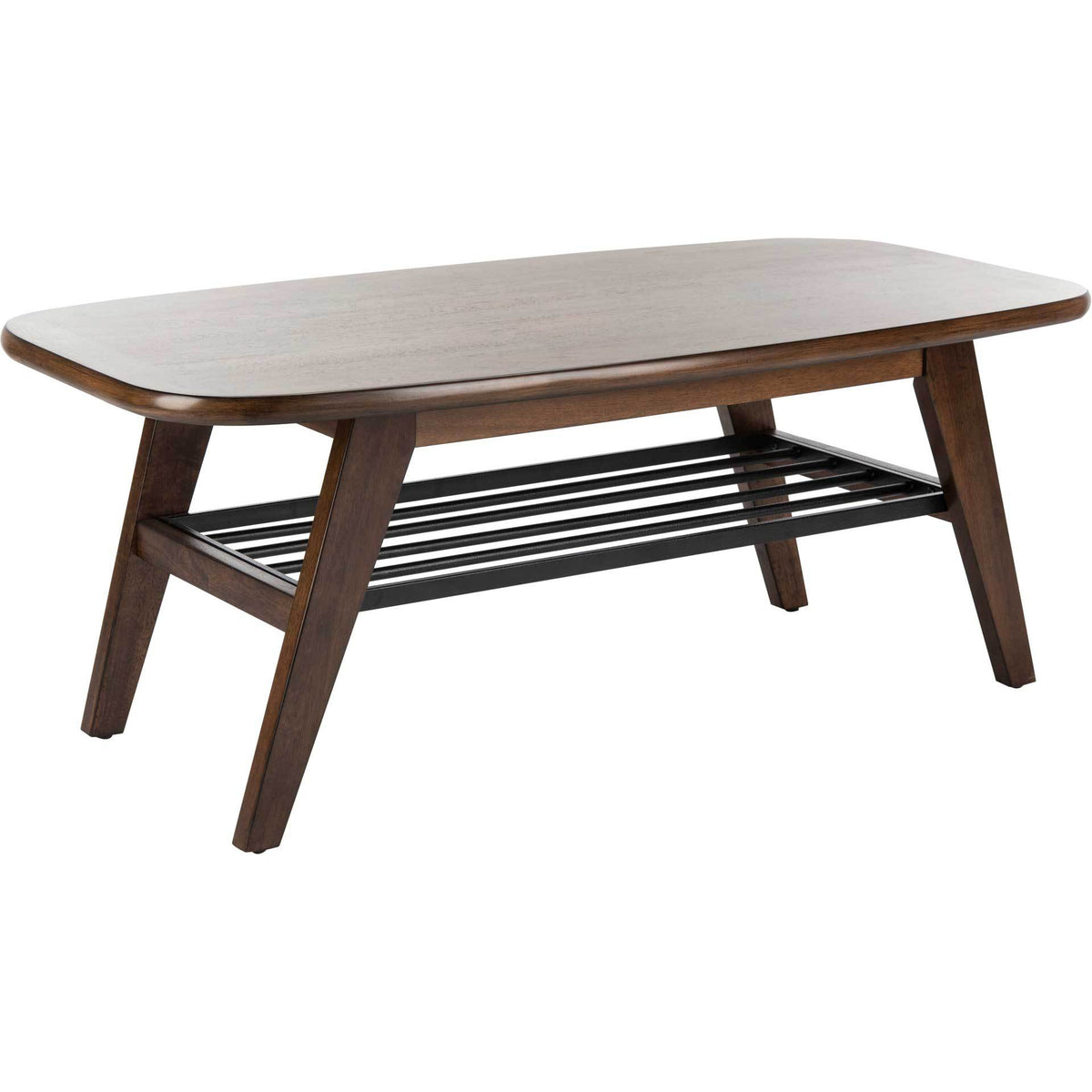 A rounded walnut-finish top rests on angled legs above a black metal storage rack. || COF6400A || front_angle_studio