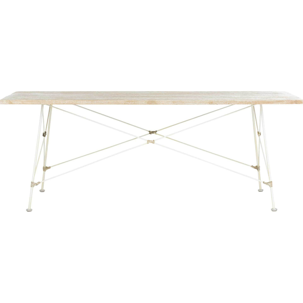 A long whitewashed wood top rests above slim white steel legs and crisscross bracing. || COF6500A || front_studio