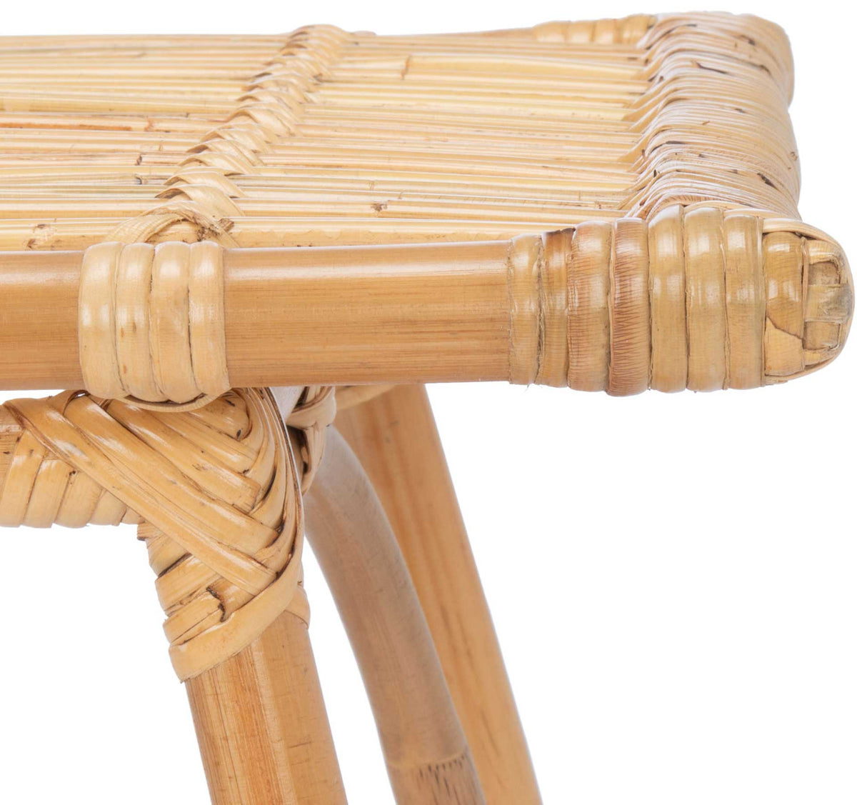 Rounded rattan edges and tight bindings define the woven tabletop.