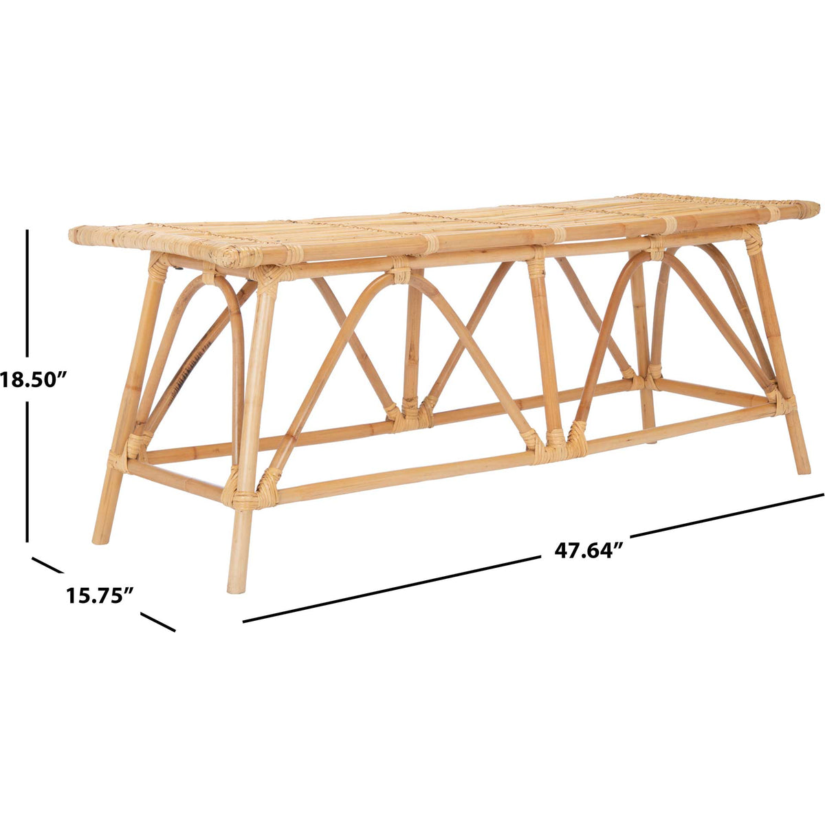 Woven rattan coffee table measures 47.64 inches long, 15.75 inches wide, and 18.5 inches high.