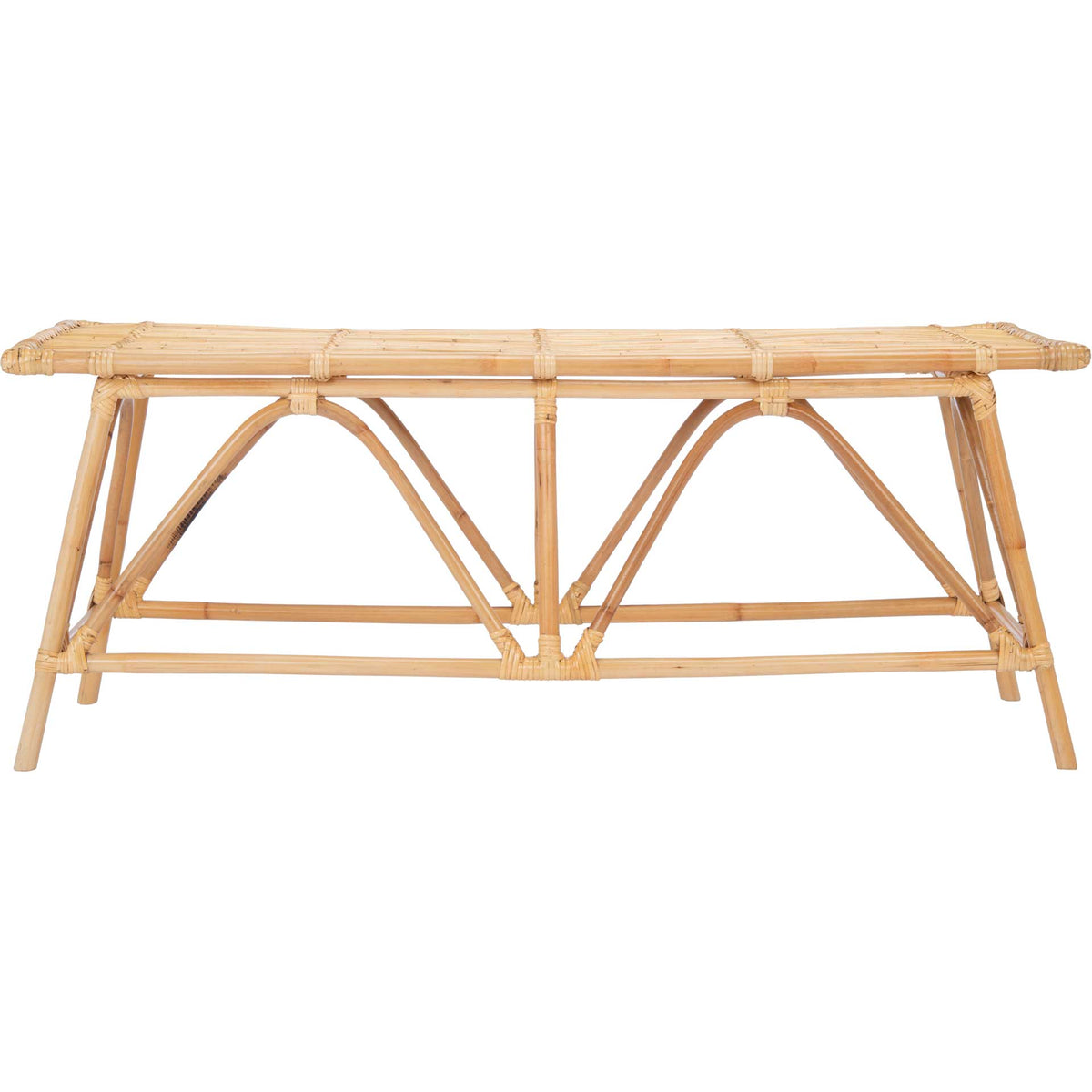 Slim rattan coffee table with a woven top and sculptural arched supports. || COF6506A || front_studio