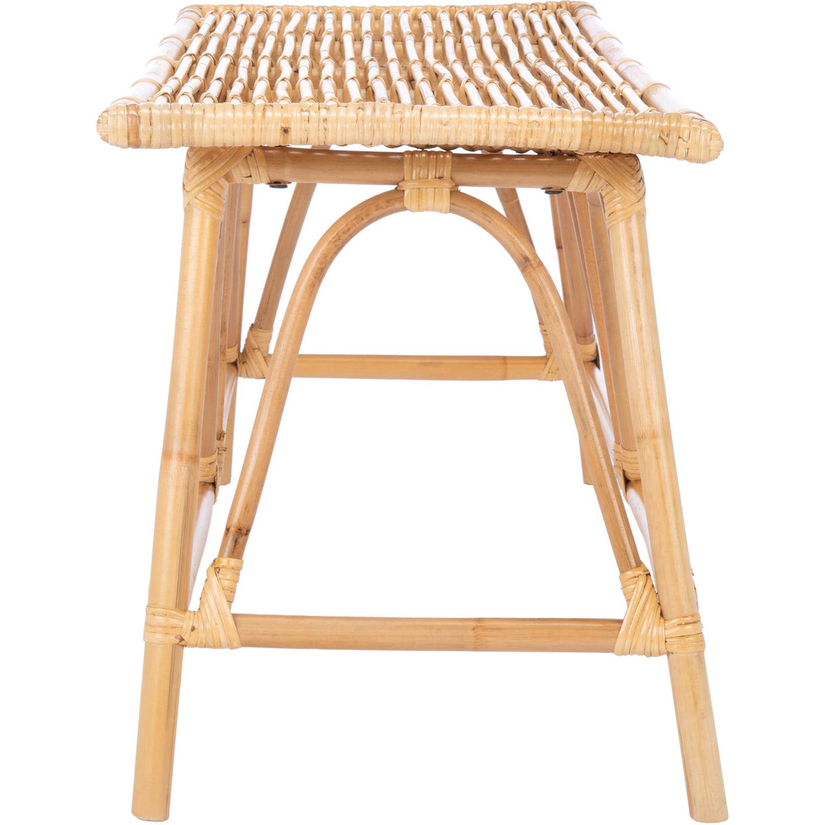 Curved rattan bracing, wrapped rails, and splayed legs create an airy support frame.