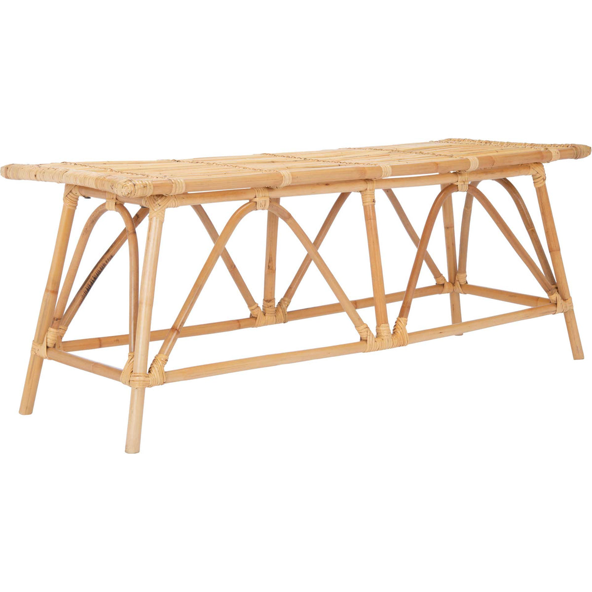 Natural rattan coffee table with a woven top, splayed legs, and crisscross braces. || COF6506A || front_angle_studio