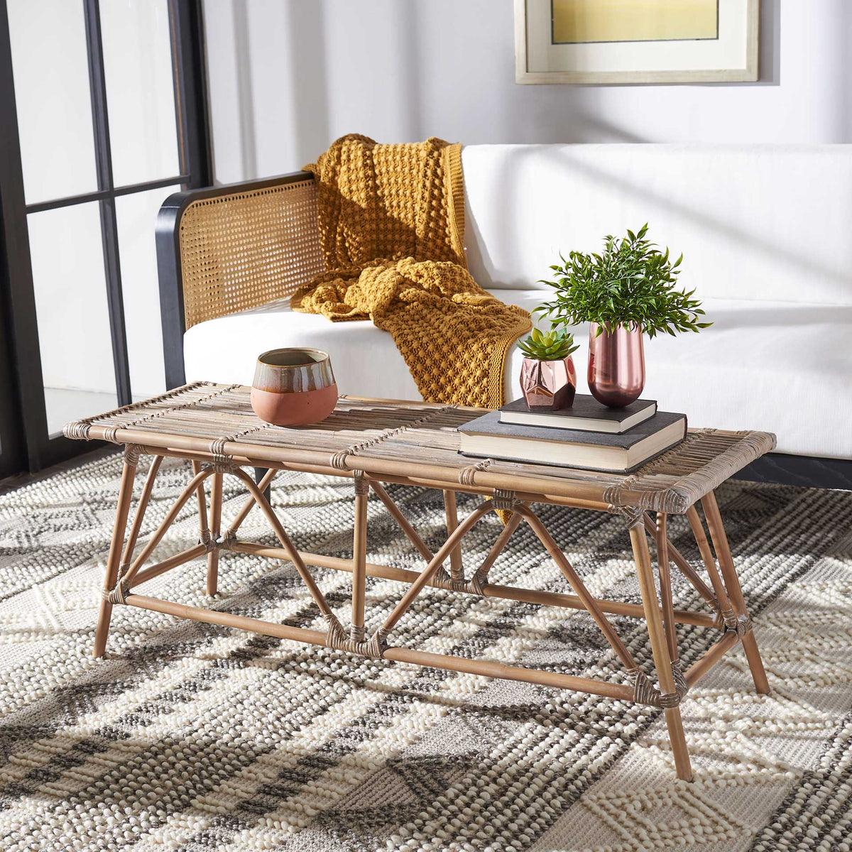 Monroe Rattan Coffee Table Gray White Wash