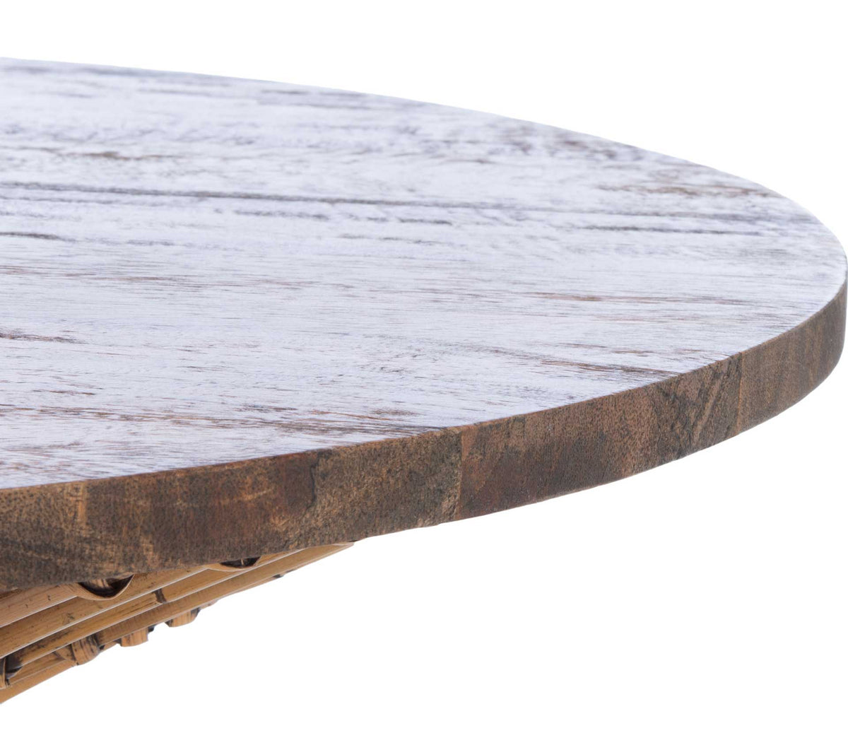 Distinctive wood grain and a rich brown edge lend character to the round tabletop.