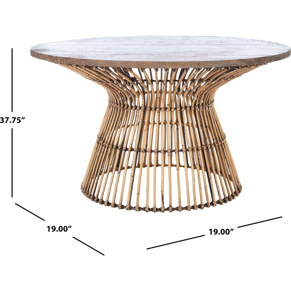 A broad brown wood tabletop sits atop a slender-waisted, woven rattan pedestal.