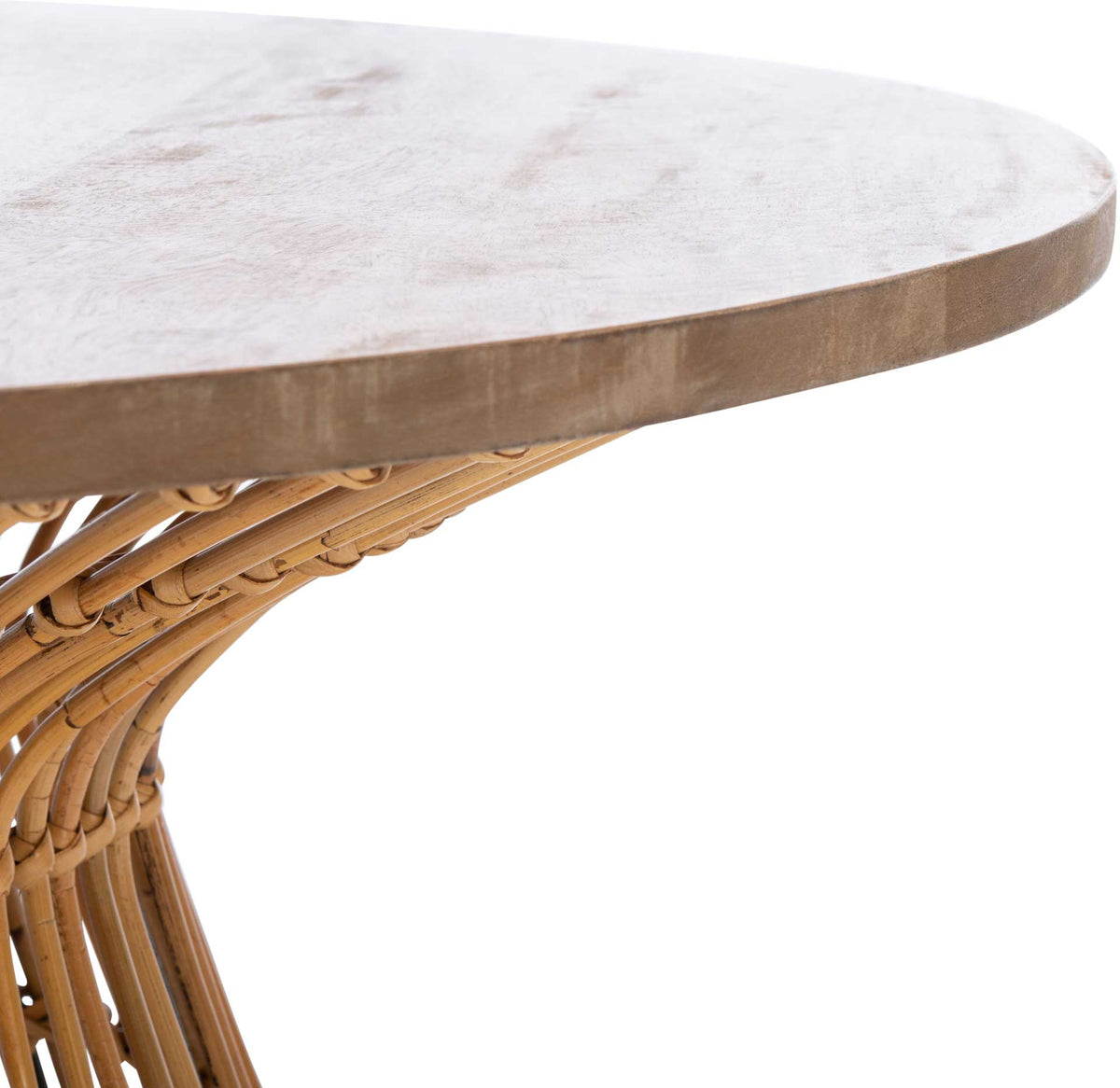 Soft grain in the natural wood top complements the gracefully curved rattan supports below.