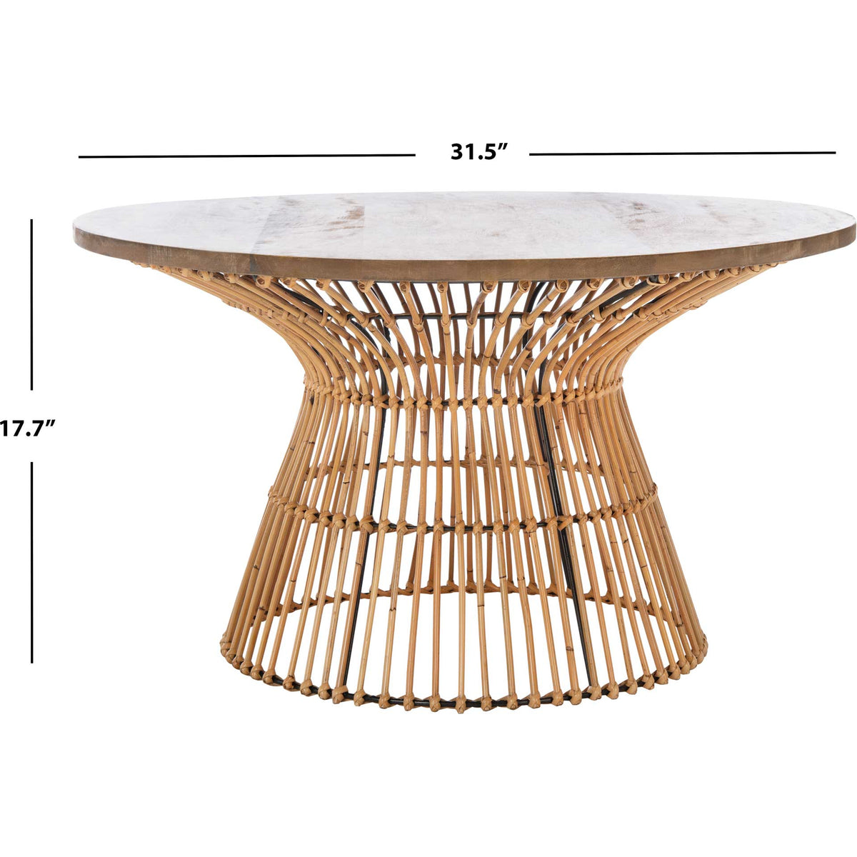 A 31.5-inch round wood top rises 17.7 inches over an airy rattan pedestal.