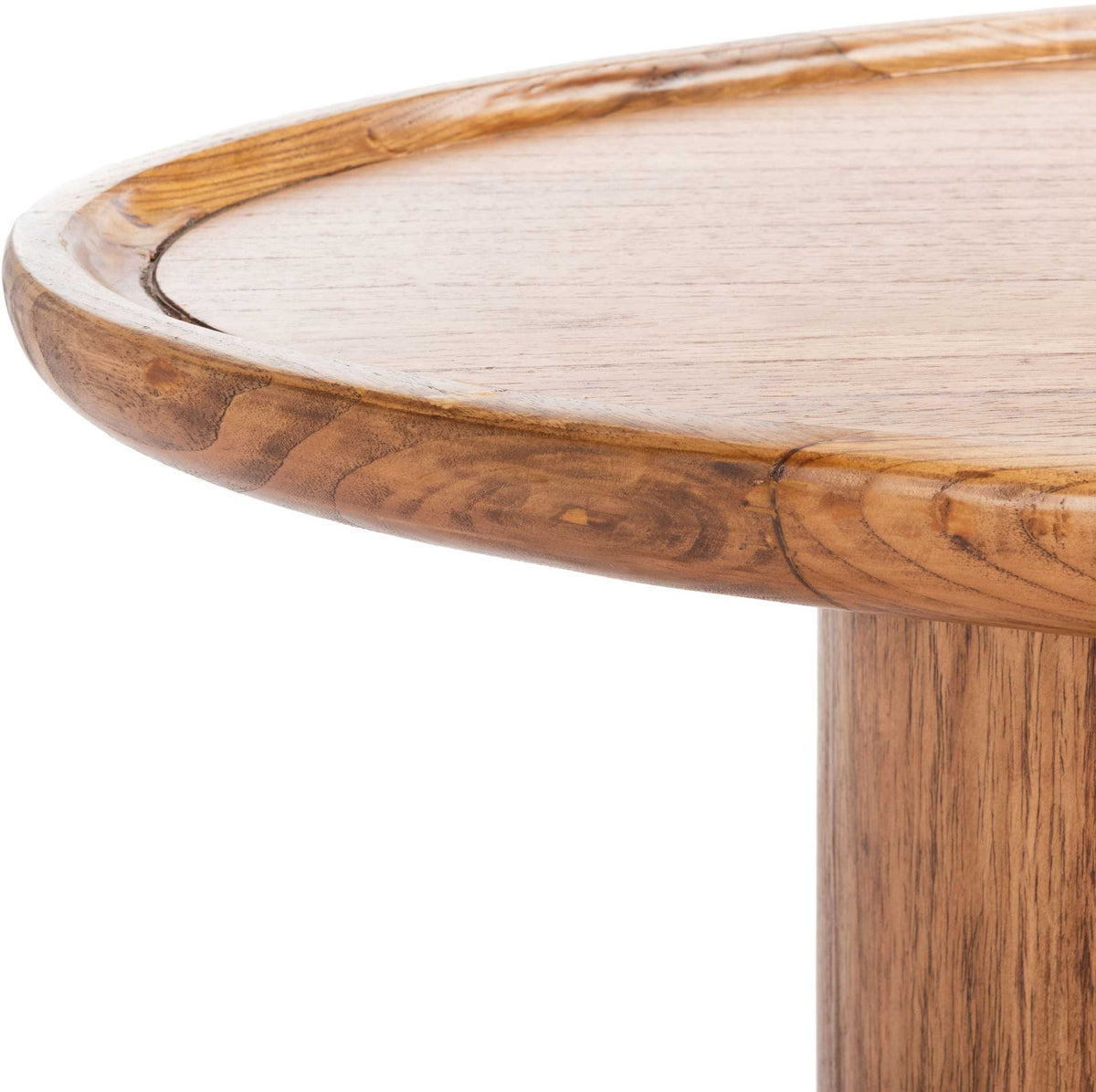 Rich wood grain traces the softly raised rim and rounded edge of the smooth tabletop.