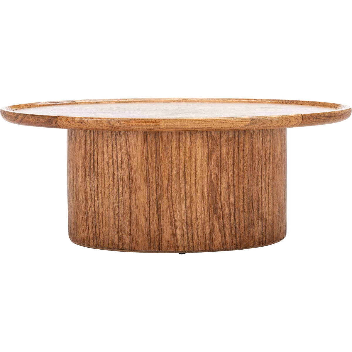 An oval wood top with a raised rim rests on a broad pedestal in a warm natural finish. || COF6602A || front_studio