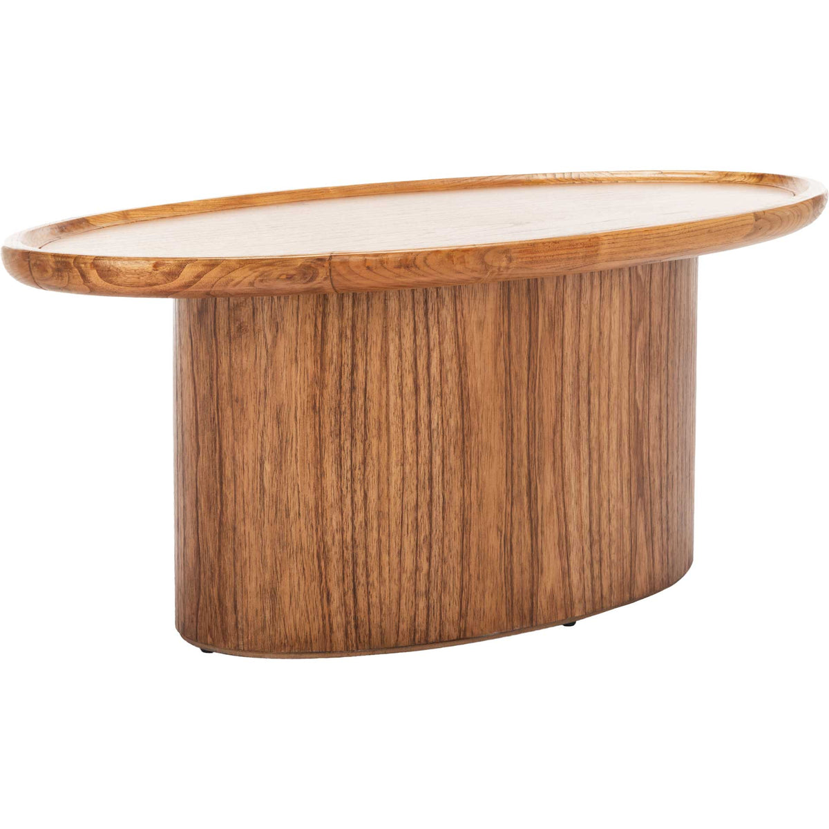 An oval wood tabletop curves over a sculptural pedestal, highlighting its natural grain and rounded edge. || COF6602A || front_angle_studio