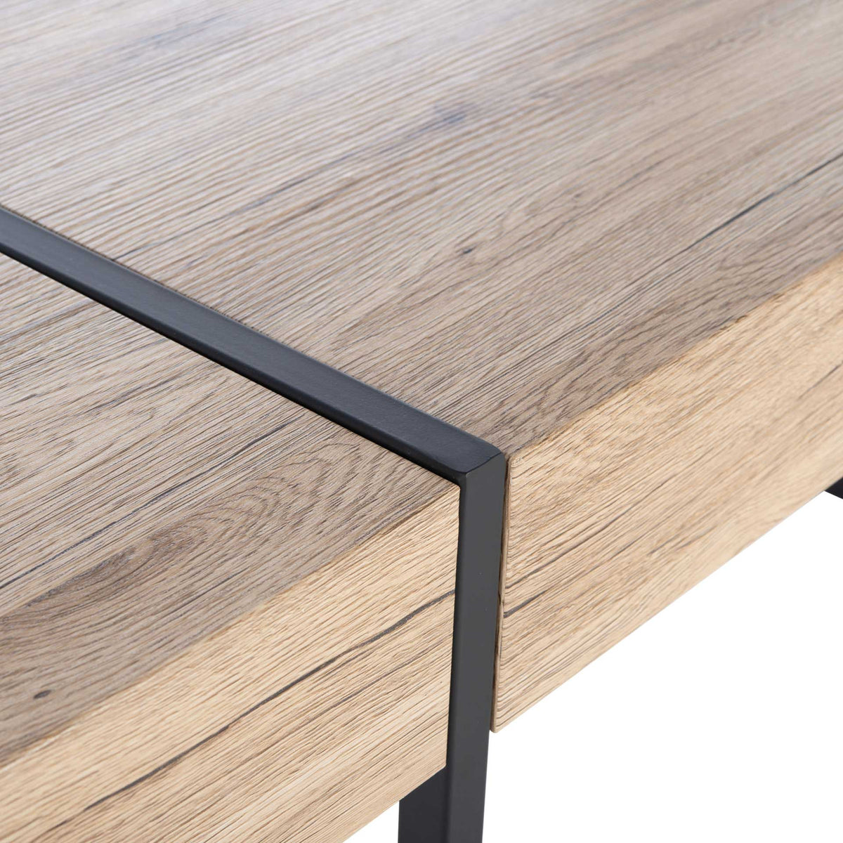 A narrow black metal support crosses the wood-grain top and hugs its thick edge.