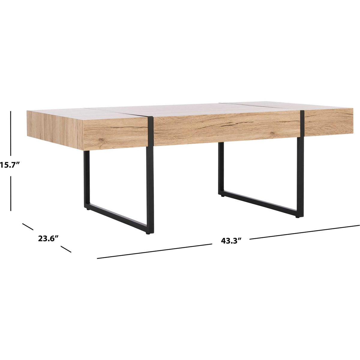 A wood-grain top and open metal frame measure 43.3 inches long, 23.6 inches deep, and 15.7 inches high.