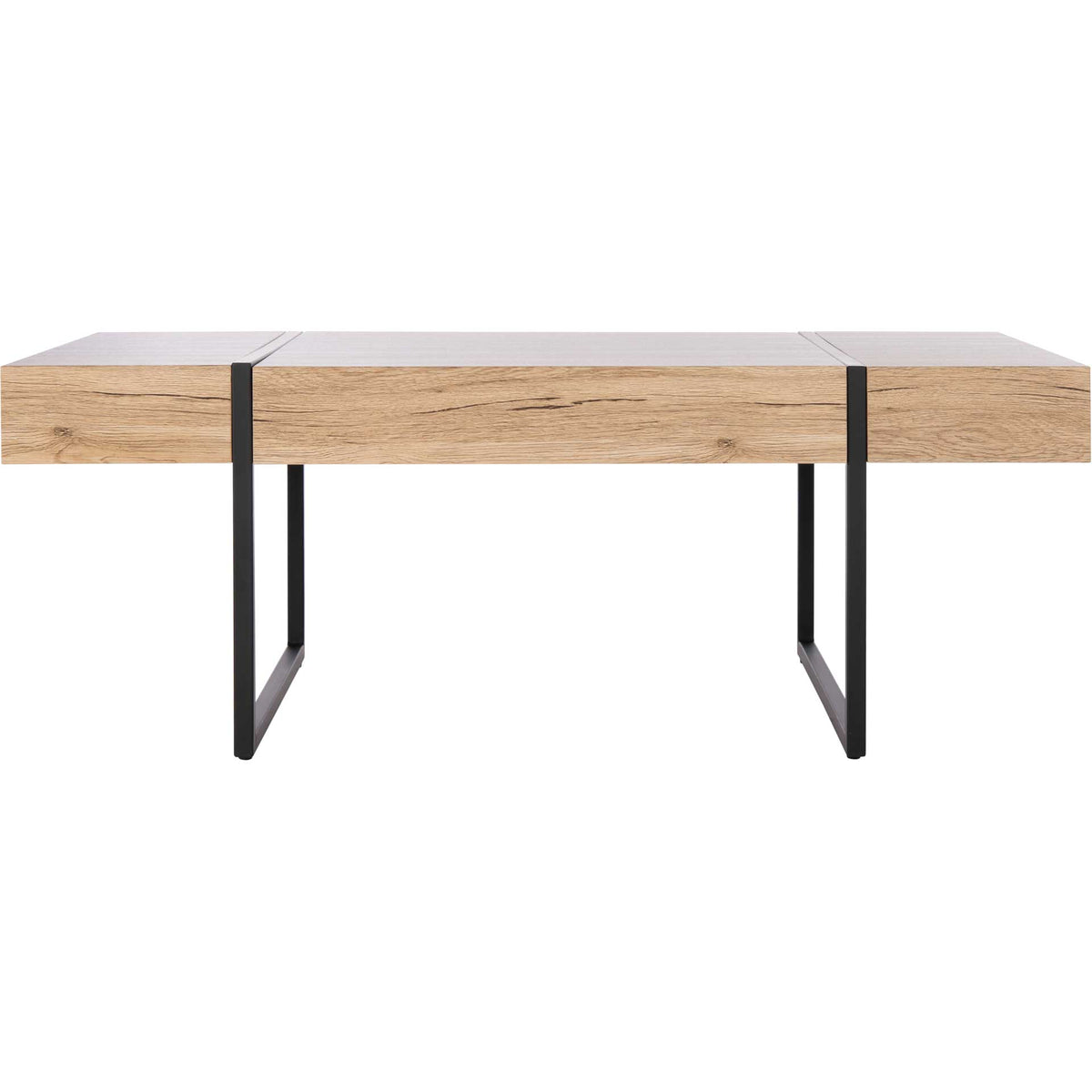 A thick natural wood-look top rests on slim black metal supports for an airy, modern profile. || COF7000B || front_studio