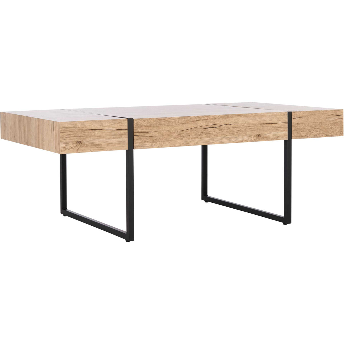 A natural wood-grain top and open black metal sled legs pair warm texture with industrial simplicity. || COF7000B || front_angle_studio