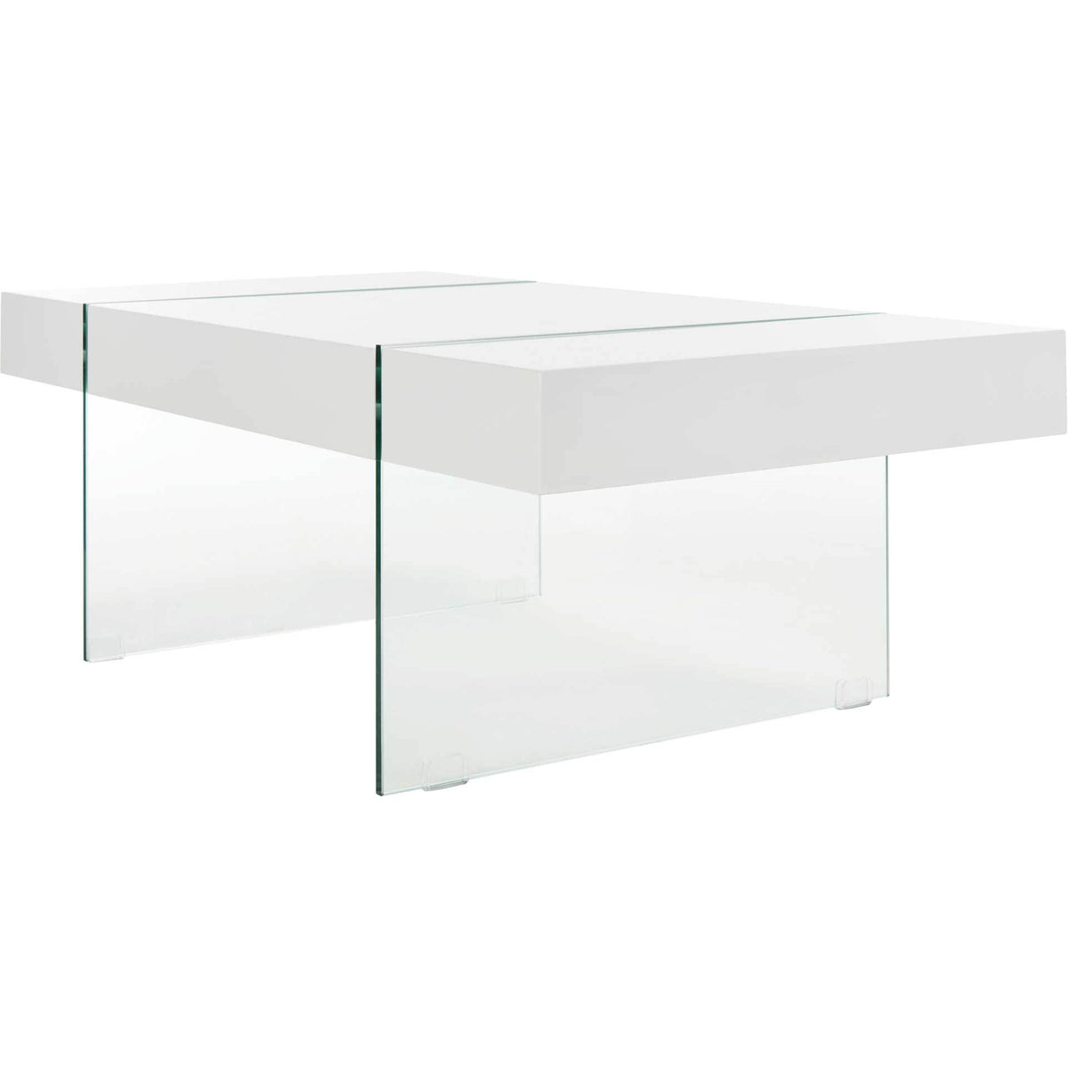 A white slab-style tabletop meets broad glass panel legs in a minimalist design.