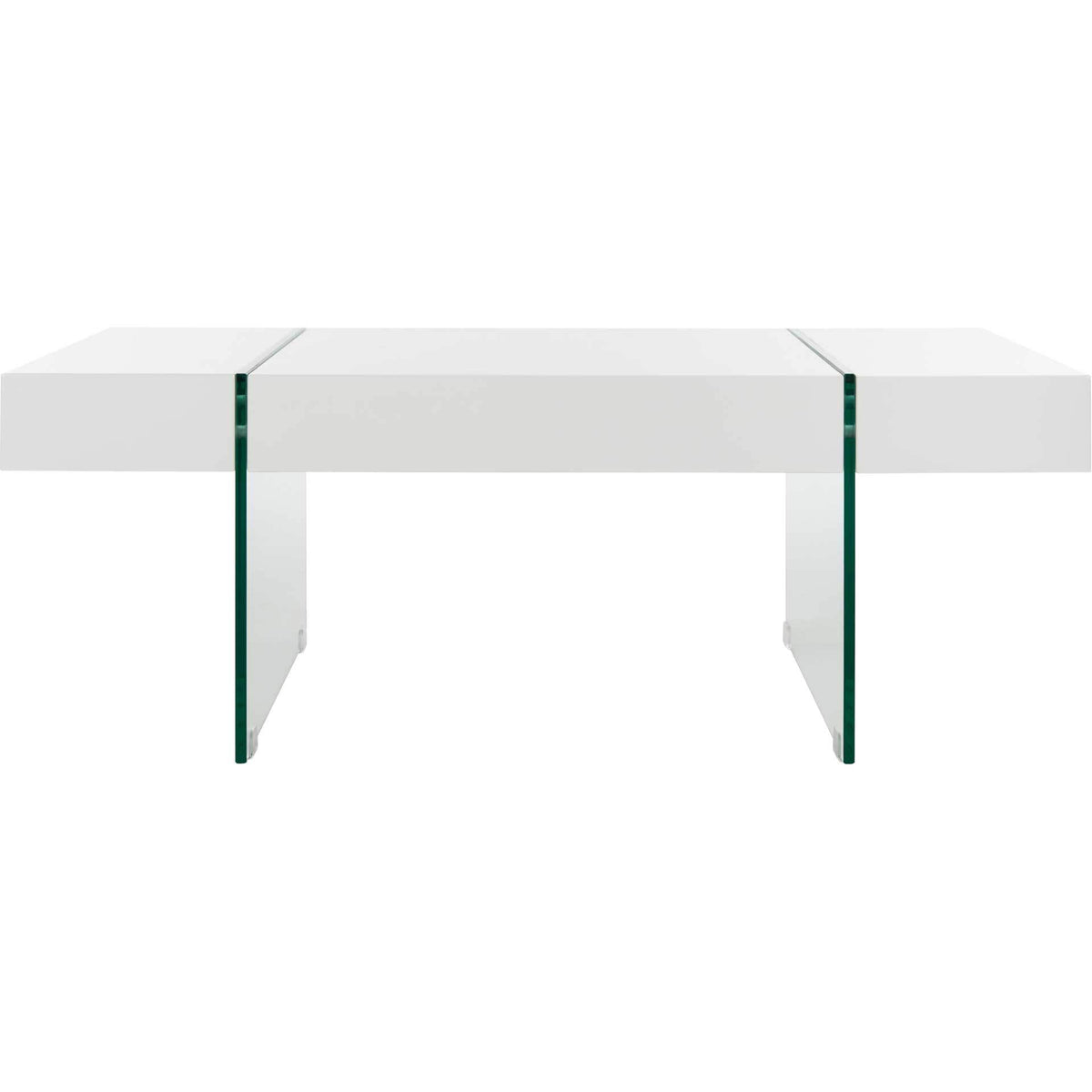 A thick white rectangular top spans two clear glass supports for a light, architectural feel. || COF7001A || front_studio