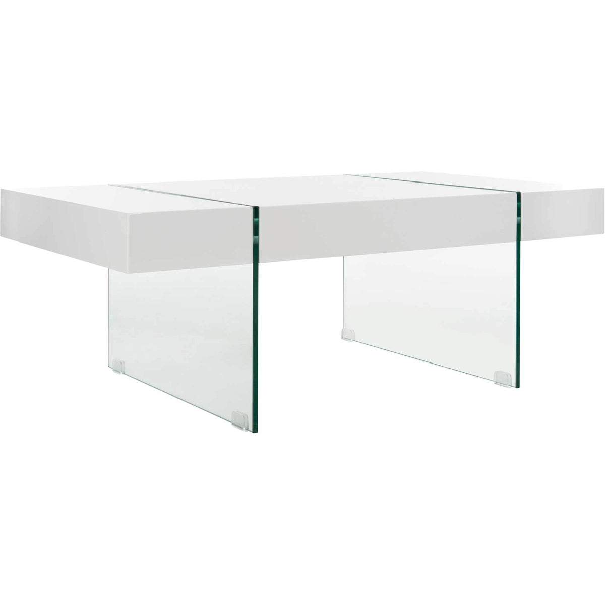 A crisp white tabletop pairs with clear glass panel legs for a modern, floating effect. || COF7001A || front_angle_studio
