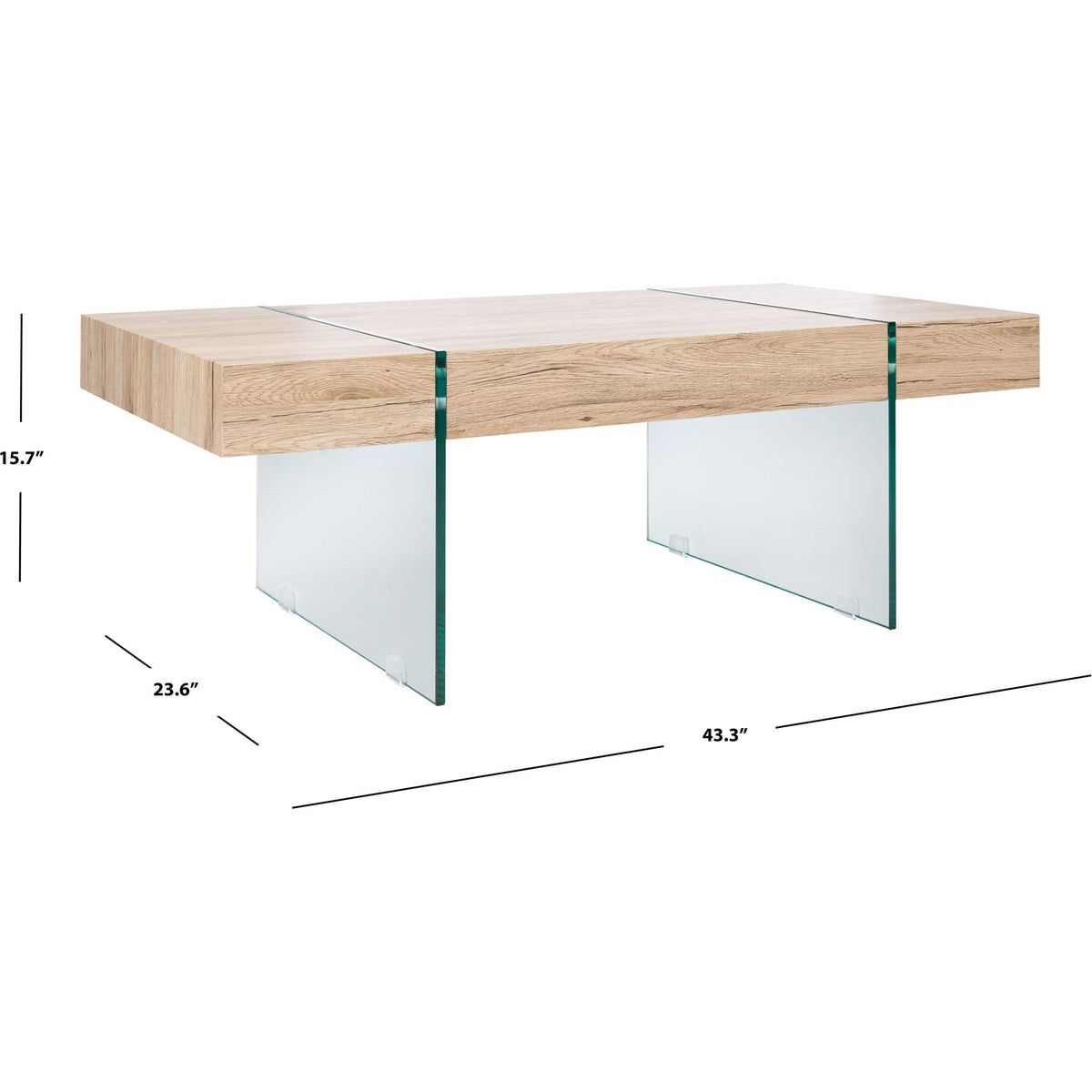 A wood-look tabletop and clear glass supports form a 43.3-by-23.6-by-15.7-inch coffee table.