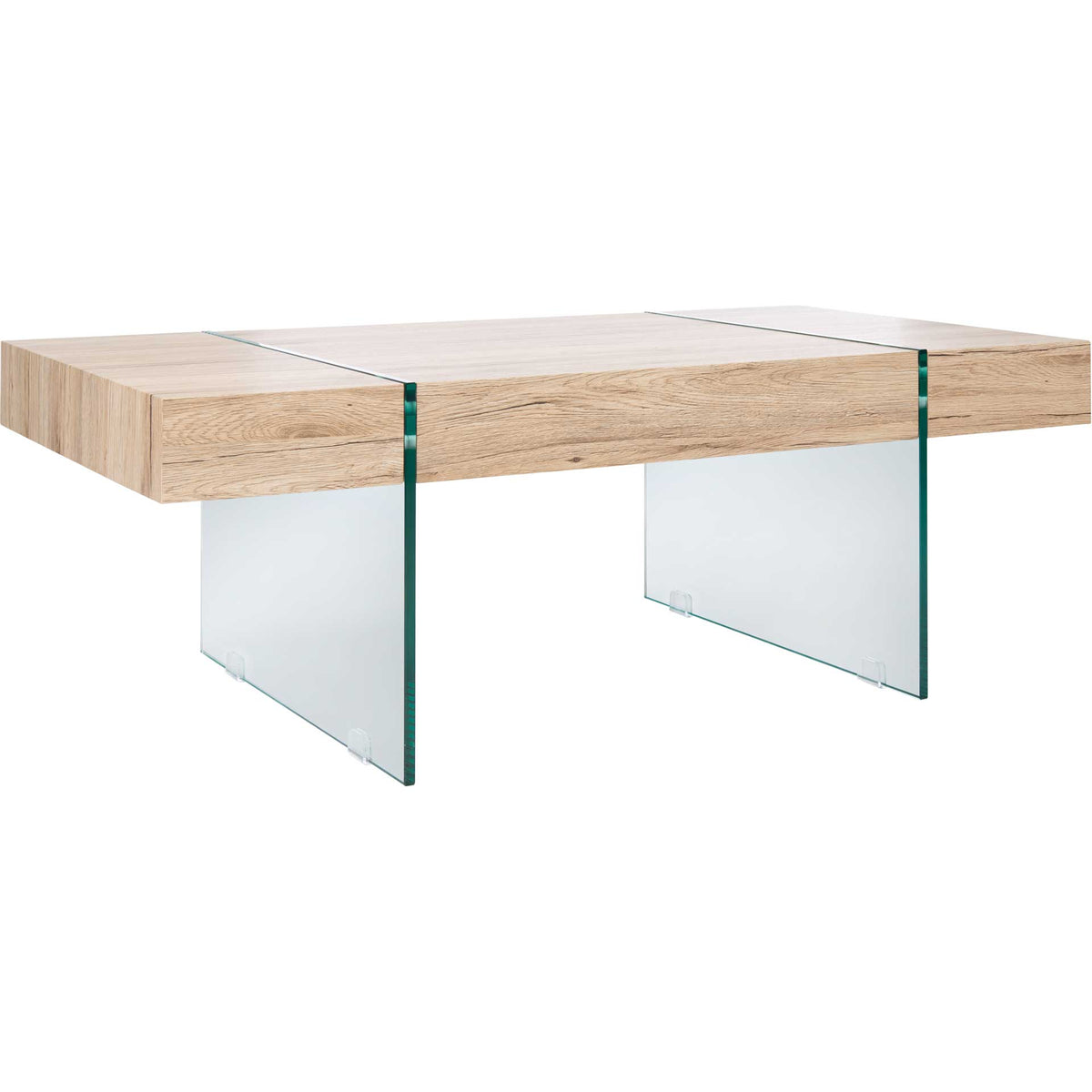 A warm wood-grain tabletop rests on clear glass panel legs for an airy, modern look. || COF7001C || front_angle_studio
