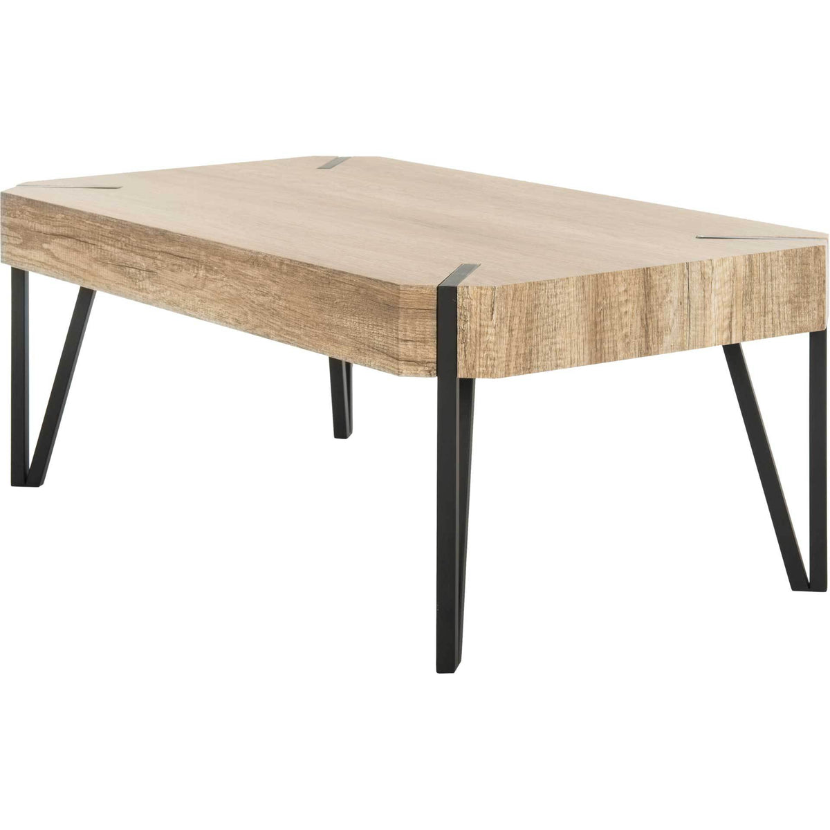 A thick wood-look top rests on slim, angular black metal supports for rustic-industrial appeal.