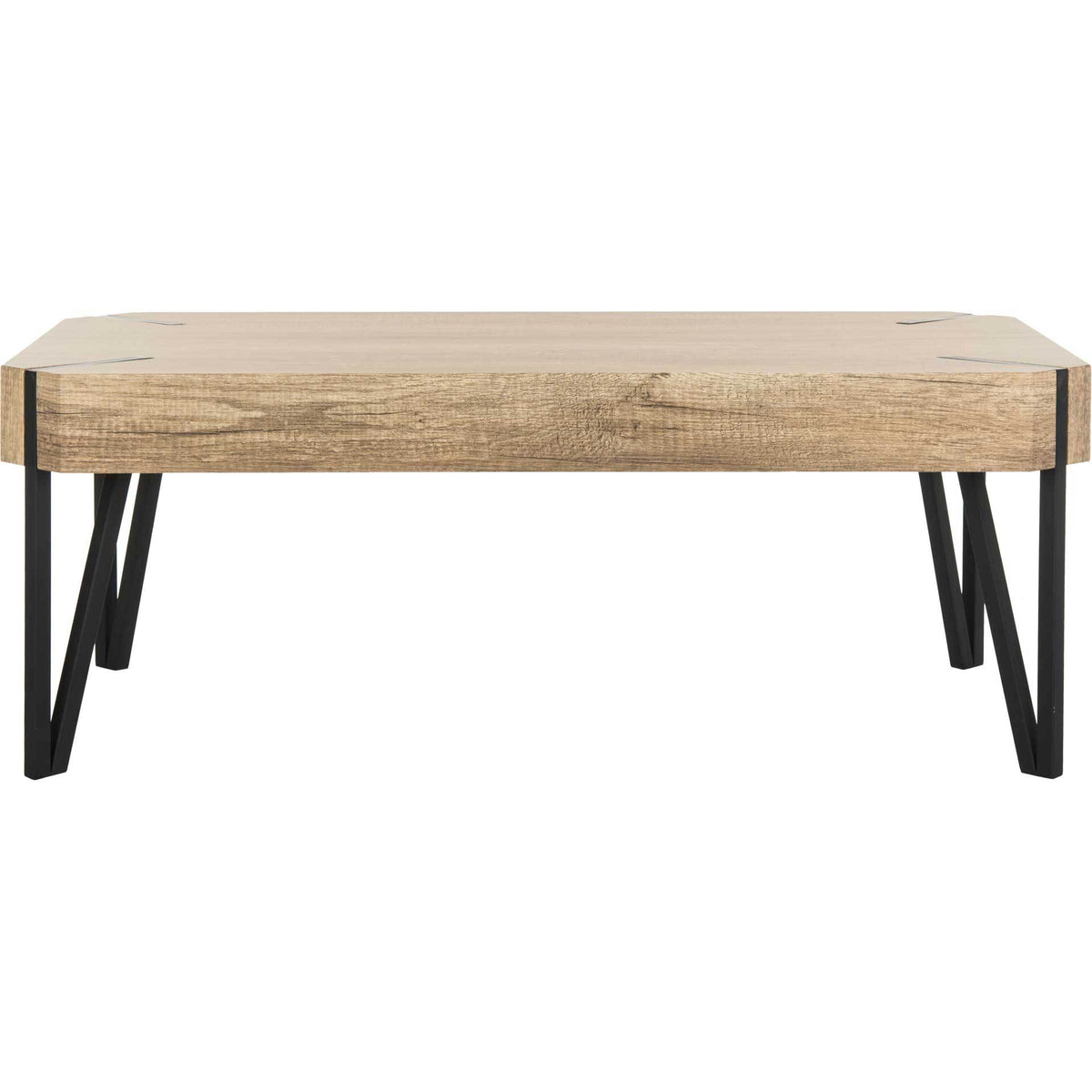 A wood-look tabletop features black corner accents and slender metal legs. || COF7003A || front_studio