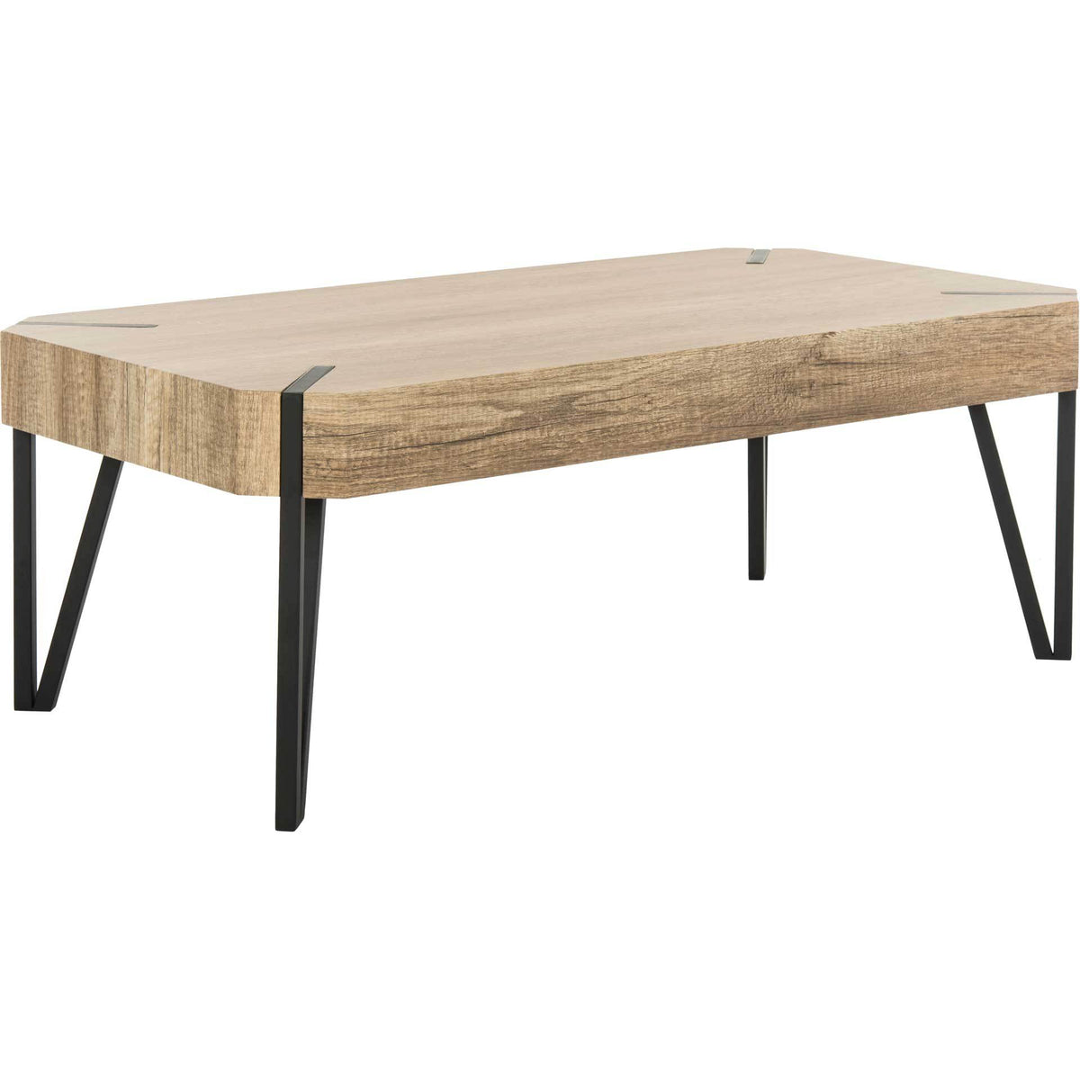 A rustic wood-grain coffee table pairs a thick rectangular top with angled black metal legs. || COF7003A || front_angle_studio