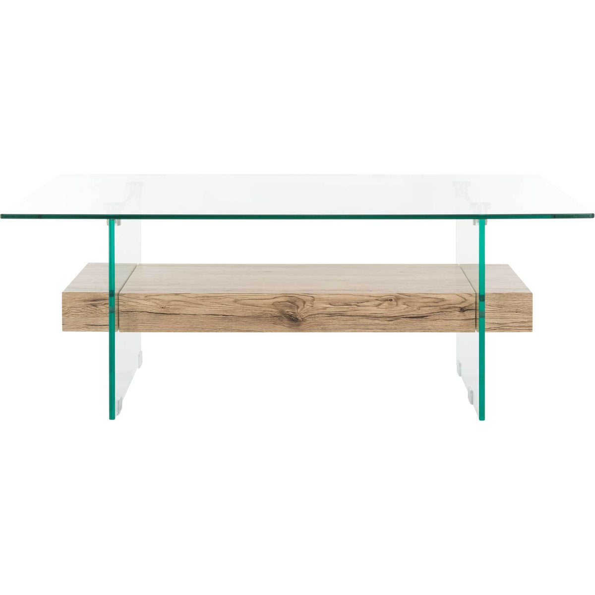 A sleek rectangular glass tabletop pairs with a rustic natural wood-look shelf for airy storage || COF7004A || front_studio