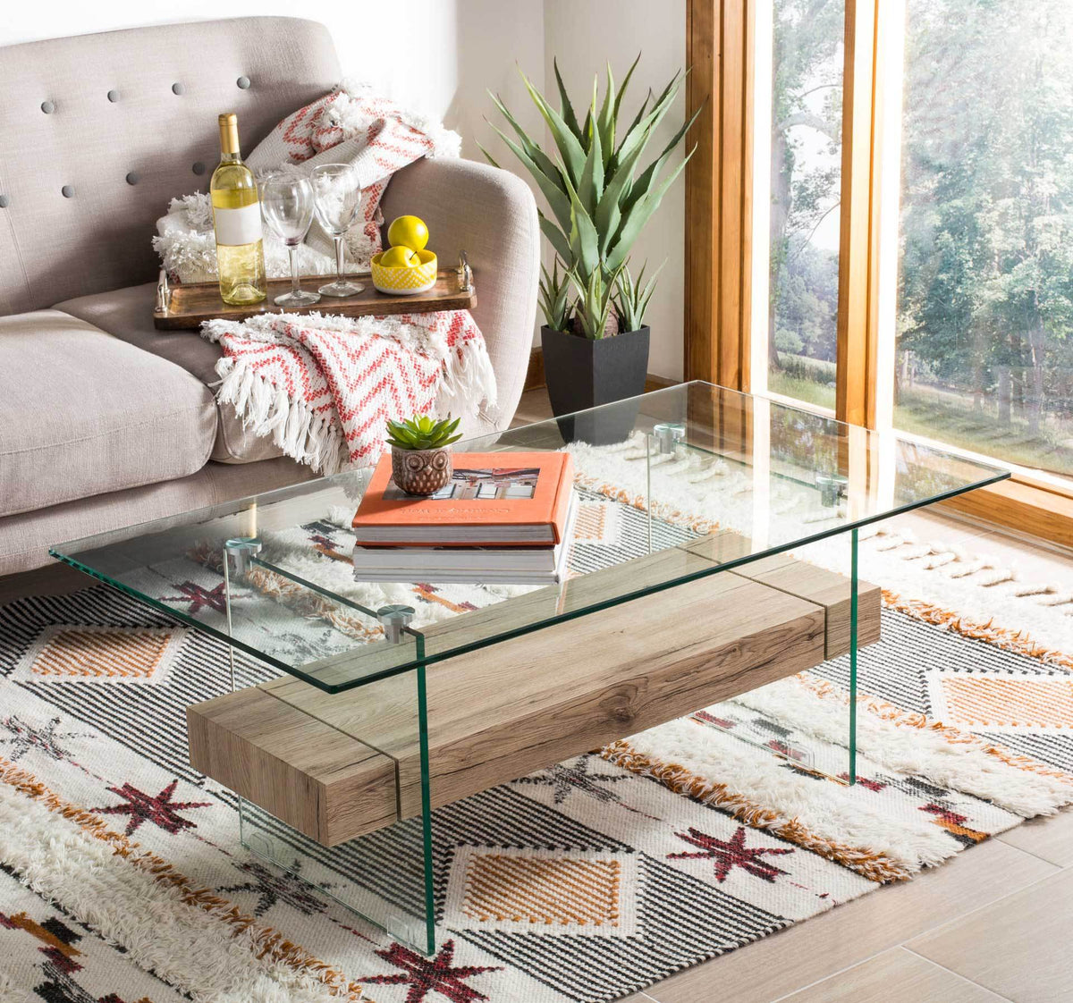 A floating wood-look shelf lends warmth to the open glass frame of this coffee table