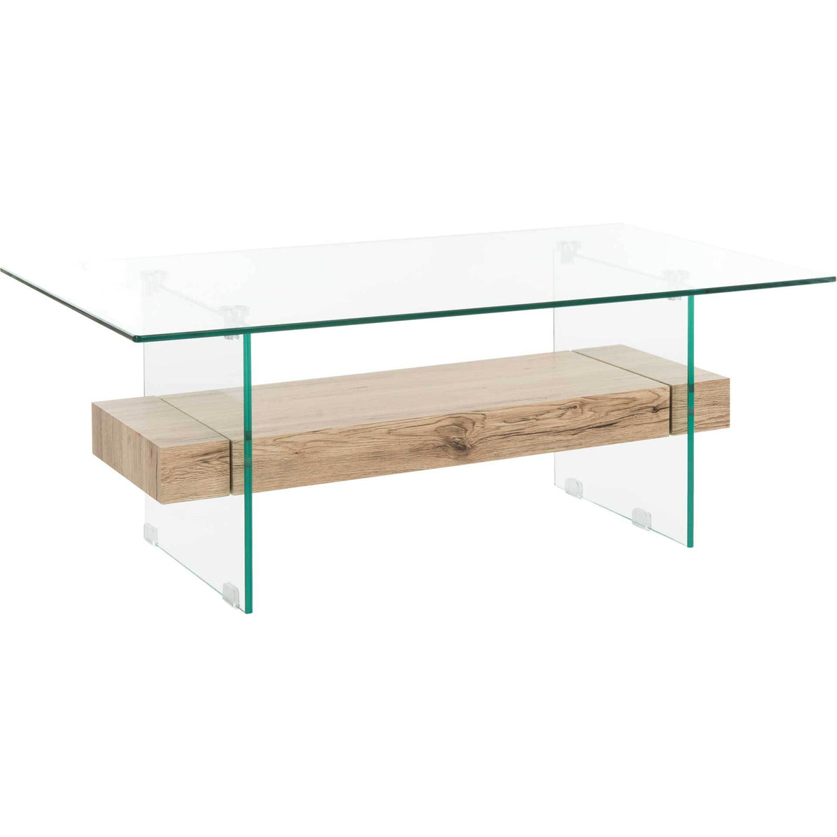 A clear glass top floats above a warm natural wood-look shelf on transparent panel legs || COF7004A || front_angle_studio