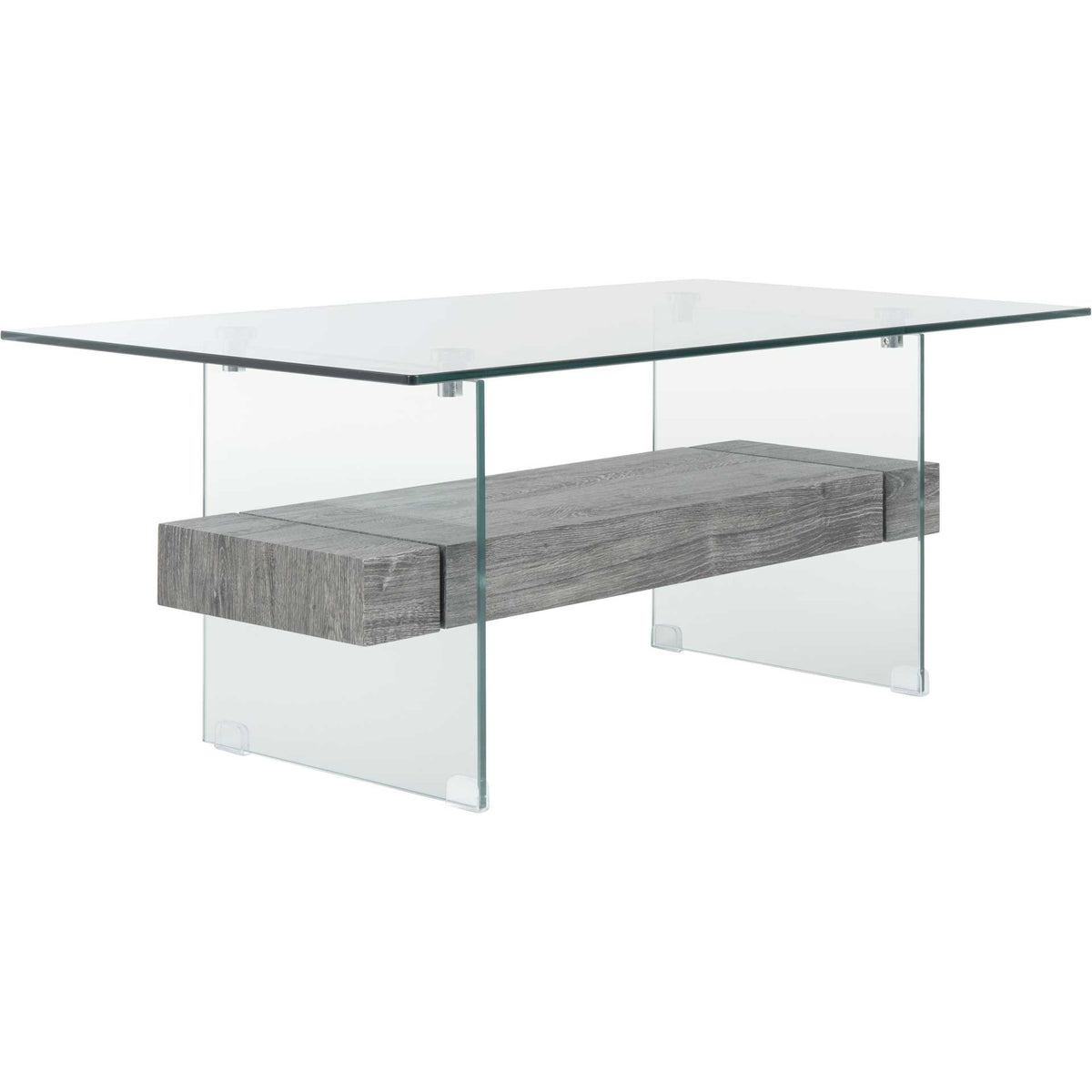 A dark charcoal wood-look shelf floats between clear glass supports beneath a sleek top || COF7004B || front_angle_studio