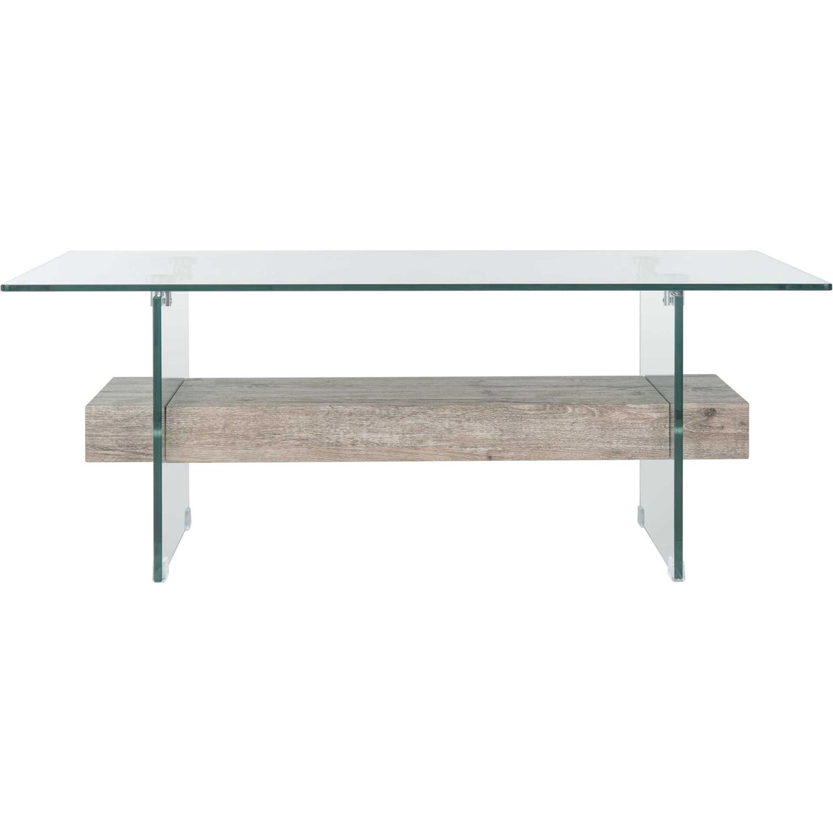 A broad clear glass top rises above the gray wood-look shelf and transparent panel legs || COF7004C || front_studio