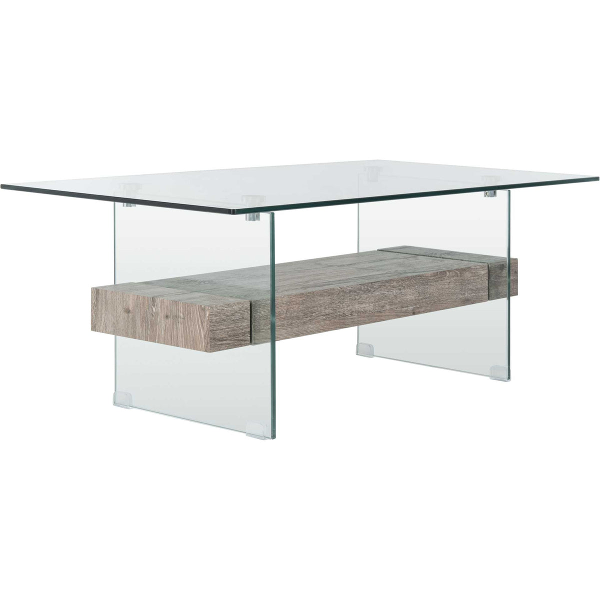 A gray oak-look shelf lends soft, earthy texture to a clean-lined glass coffee table || COF7004C || front_angle_studio