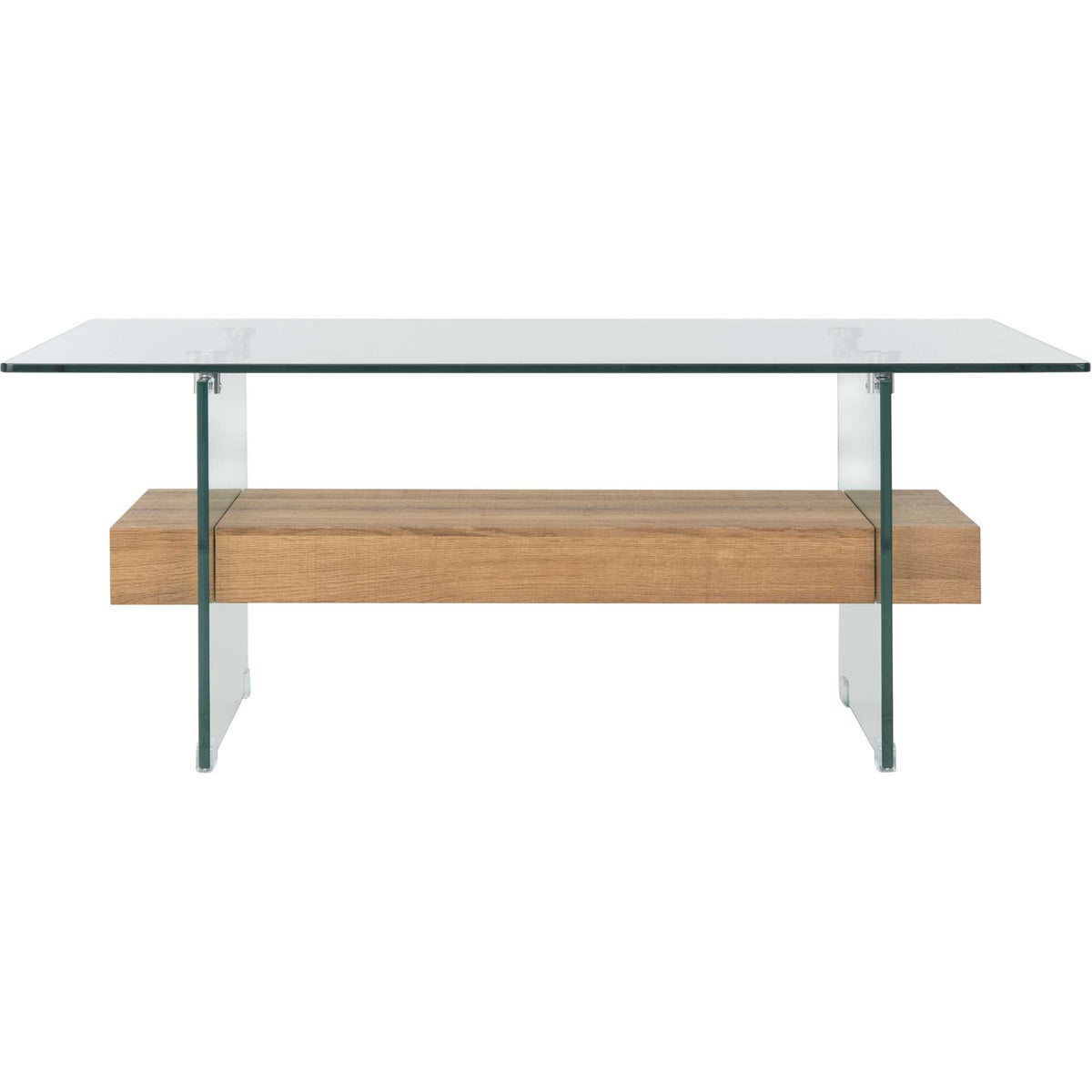 A substantial brown shelf adds warmth to the slim glass top and transparent supports || COF7004D || front_studio