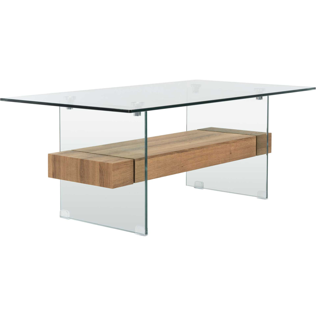 A warm brown wood-look shelf sits between clear glass panels under a sleek tabletop || COF7004D || front_angle_studio