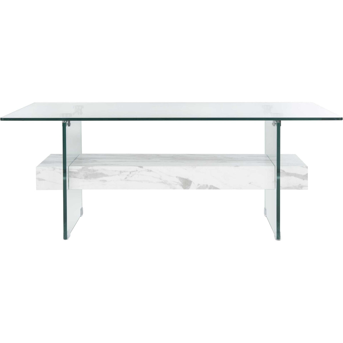 A rectangular glass top and clear panel legs frame a sculptural marble-look shelf || COF7004E || front_studio