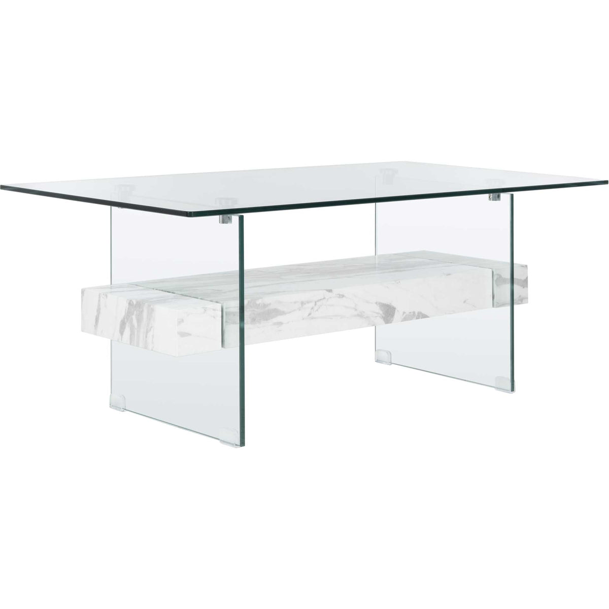A white marble-look shelf with delicate gray veining floats beneath a clear glass top || COF7004E || front_angle_studio