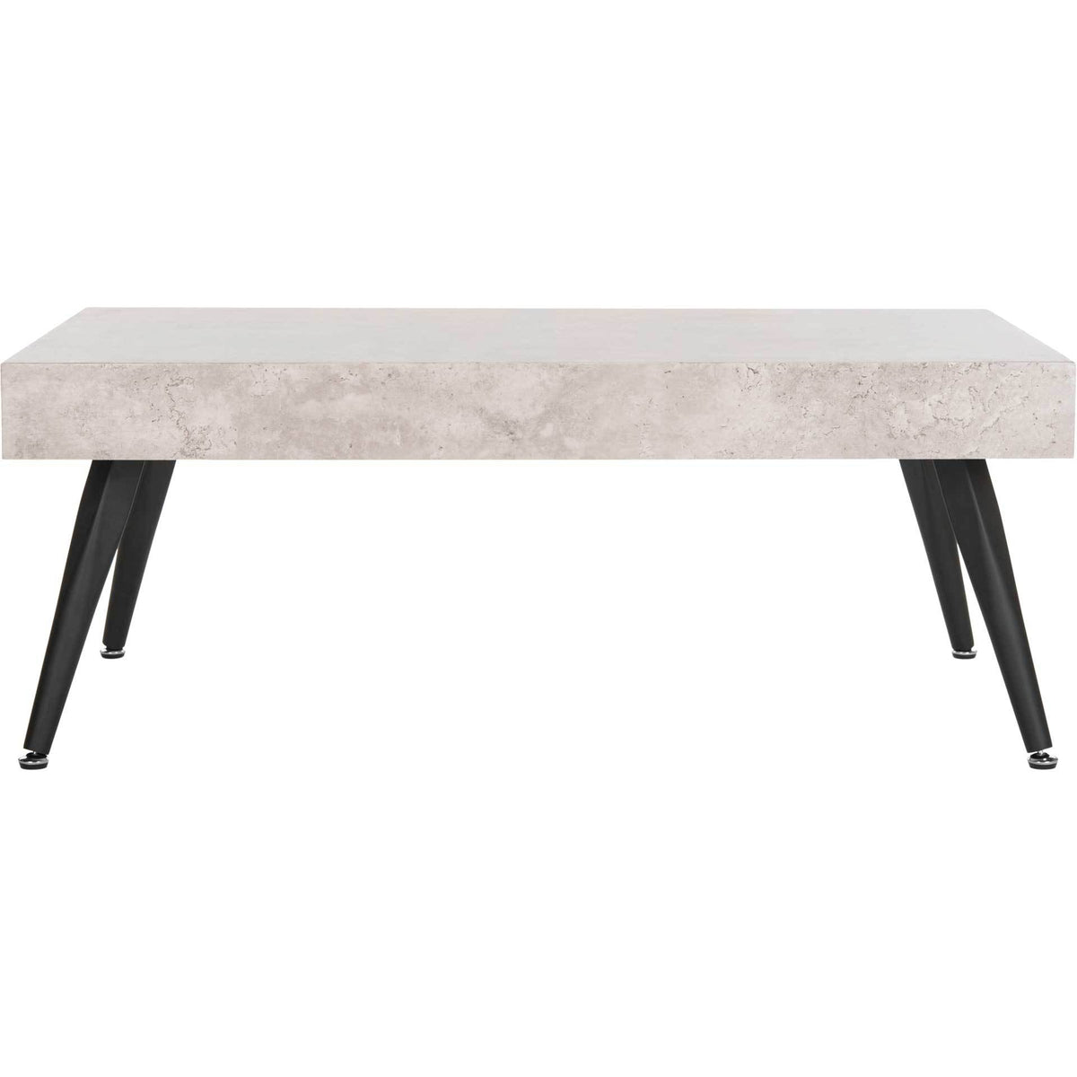 A wide rectangular tabletop in soft gray contrasts with four tapered black metal legs. || COF7007A || front_studio