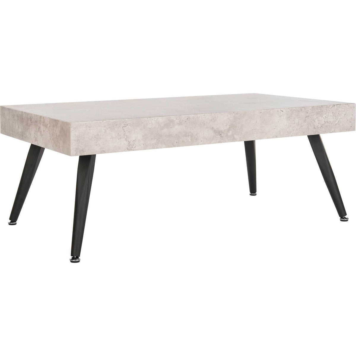 A thick, light gray concrete-look top rests on splayed black metal legs for sleek industrial style. || COF7007A || front_angle_studio