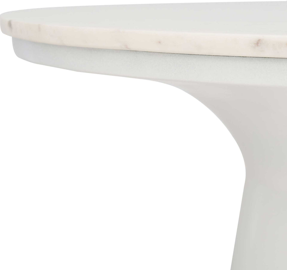 A softly veined marble edge meets the smooth curve of a flared white pedestal