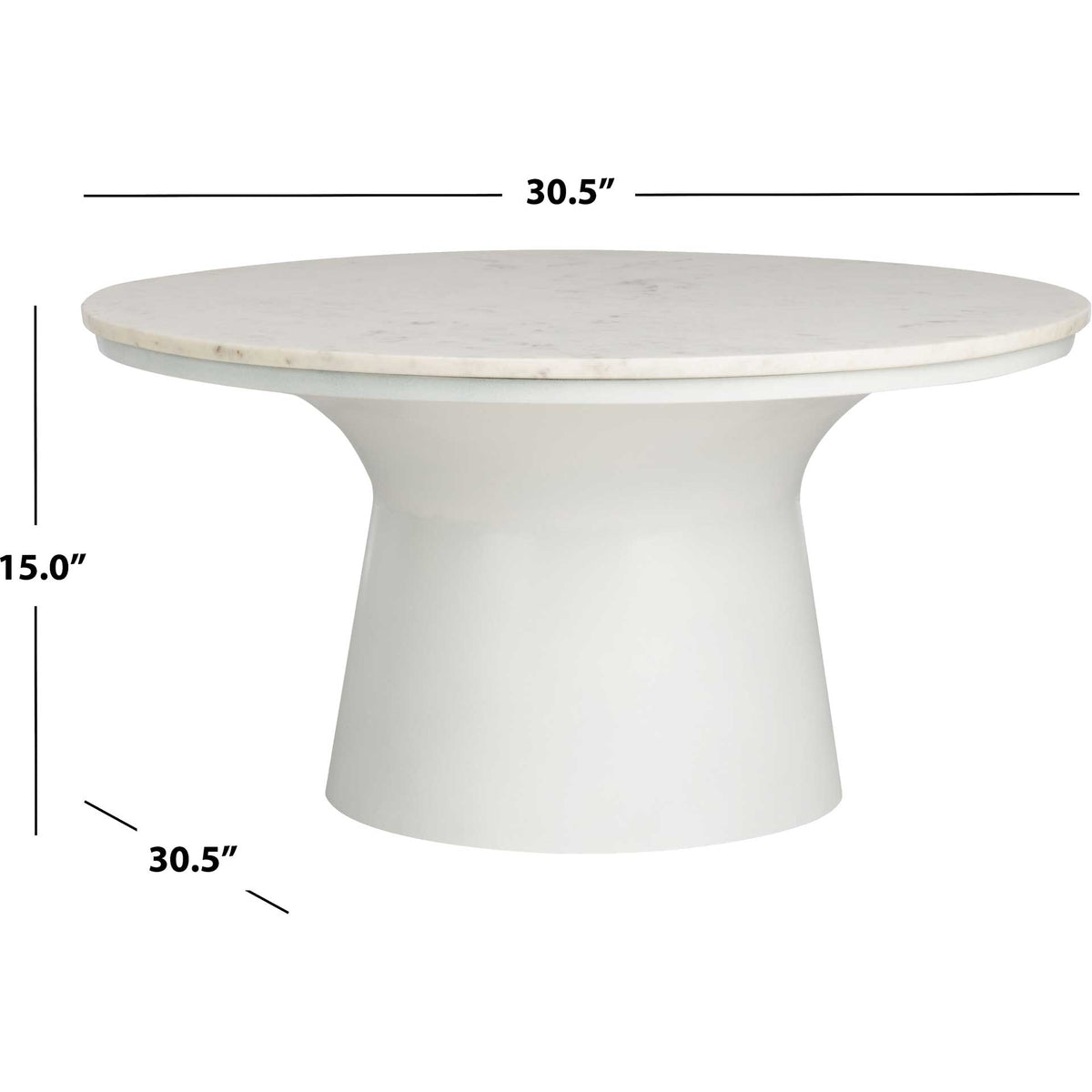 A 30.5-inch round marble top and white pedestal create a coffee table 15 inches high