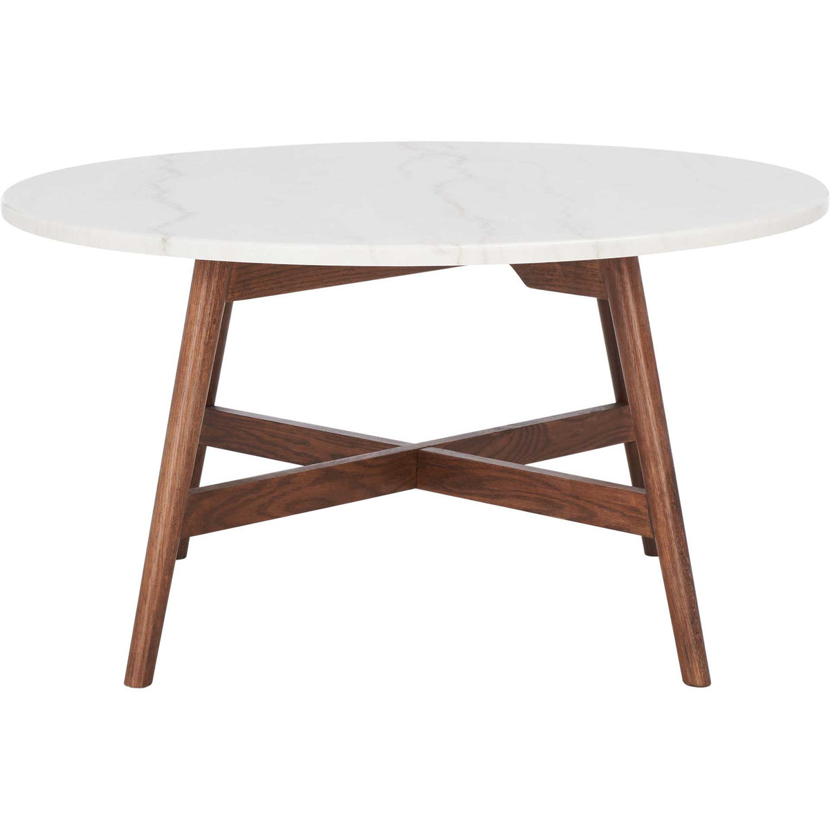 Round marble coffee table pairs a pale stone top with warm wood legs and a cross-braced base || COF8101A || front_studio