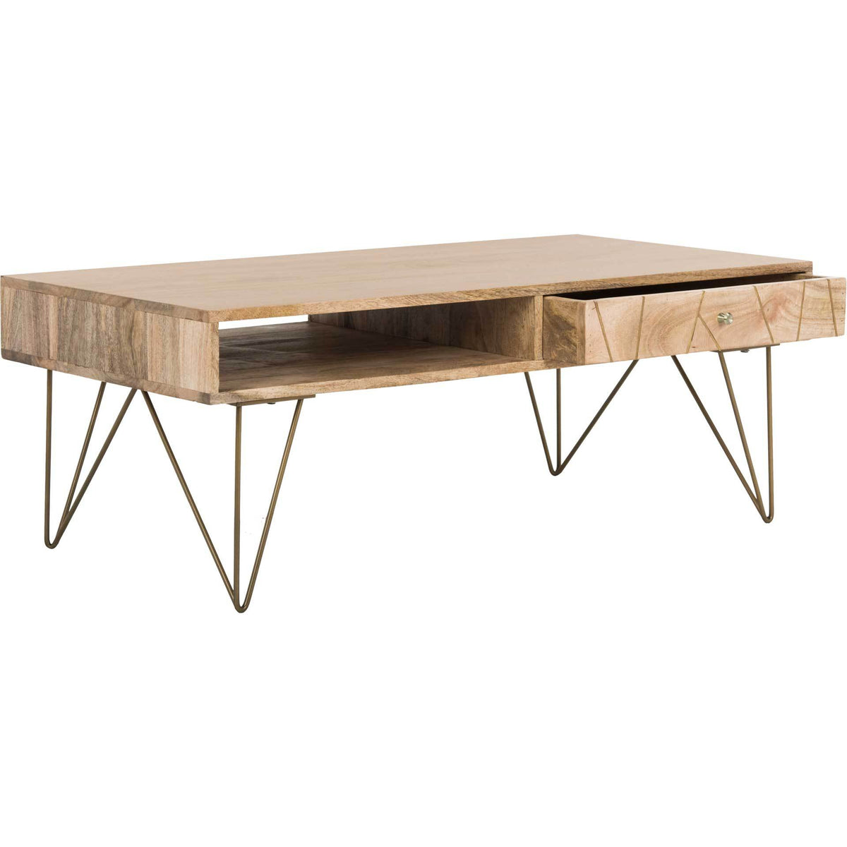 A slim drawer opens beside the spacious shelf beneath a smooth natural wood top