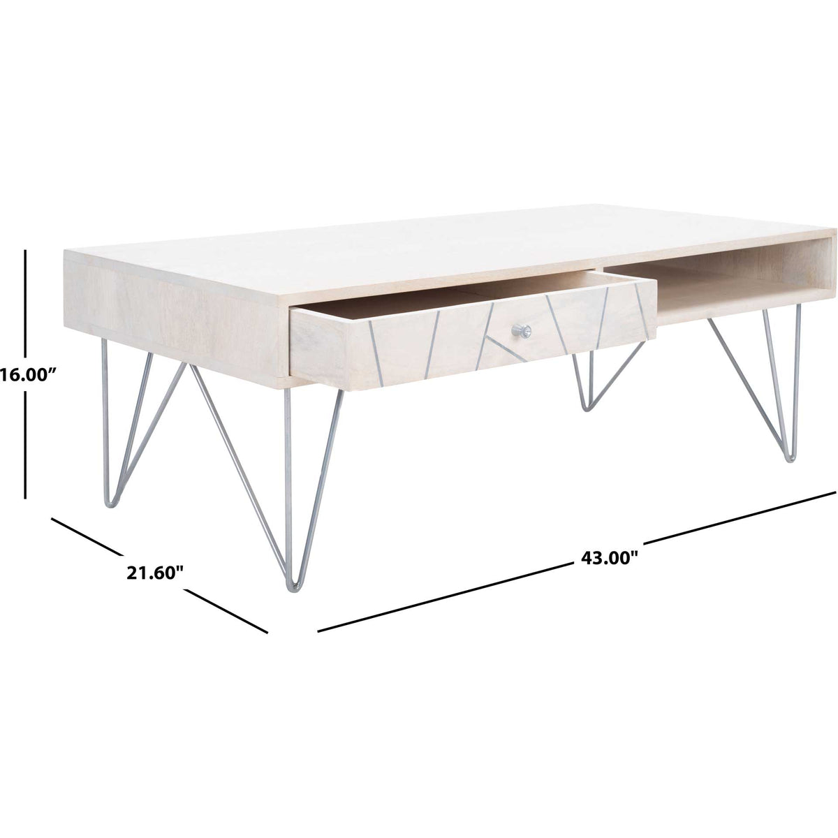Whitewashed coffee table measures 43 inches wide, 21.6 inches deep and 16 inches high