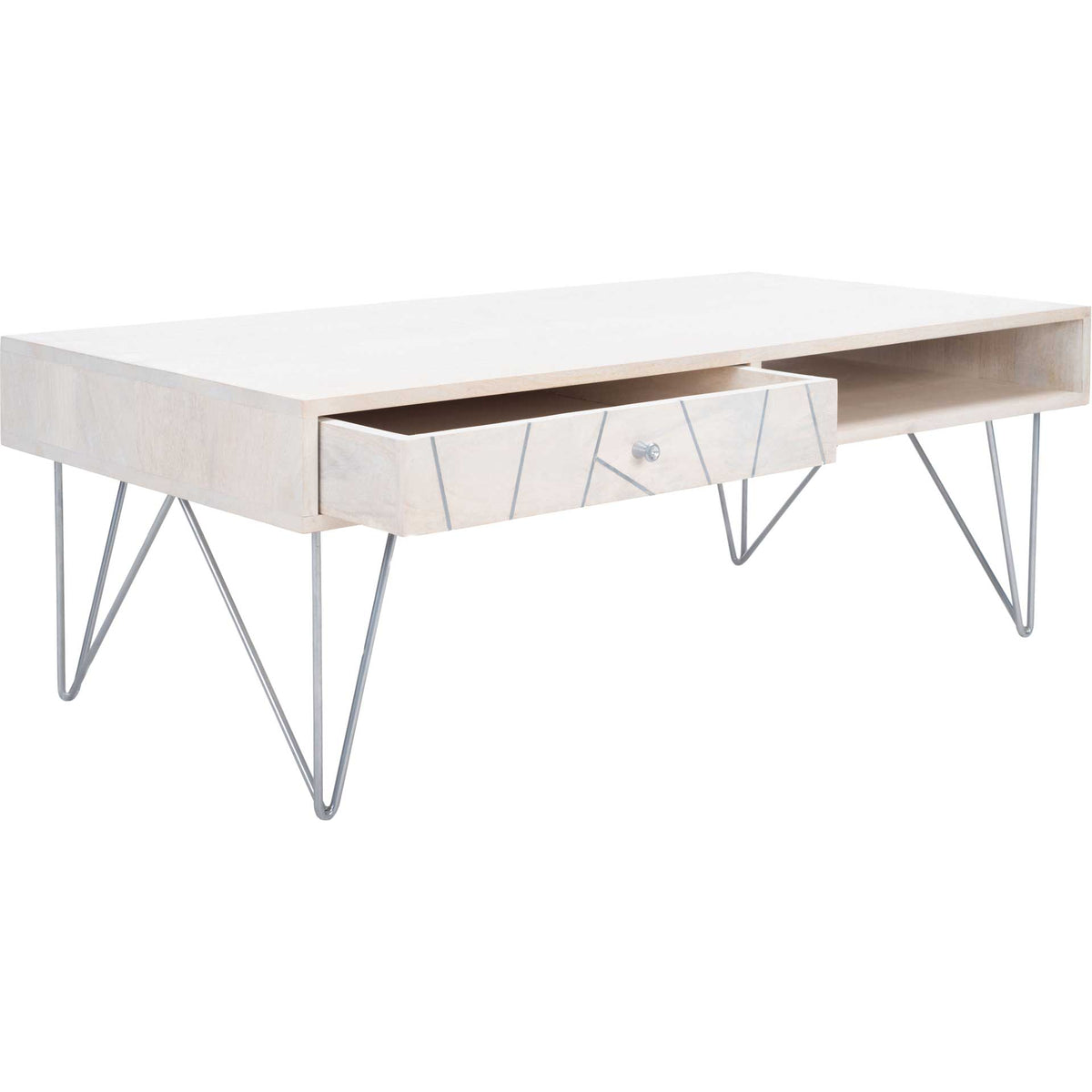 A silver-accented drawer opens beside the shelf beneath the broad whitewashed wood tabletop